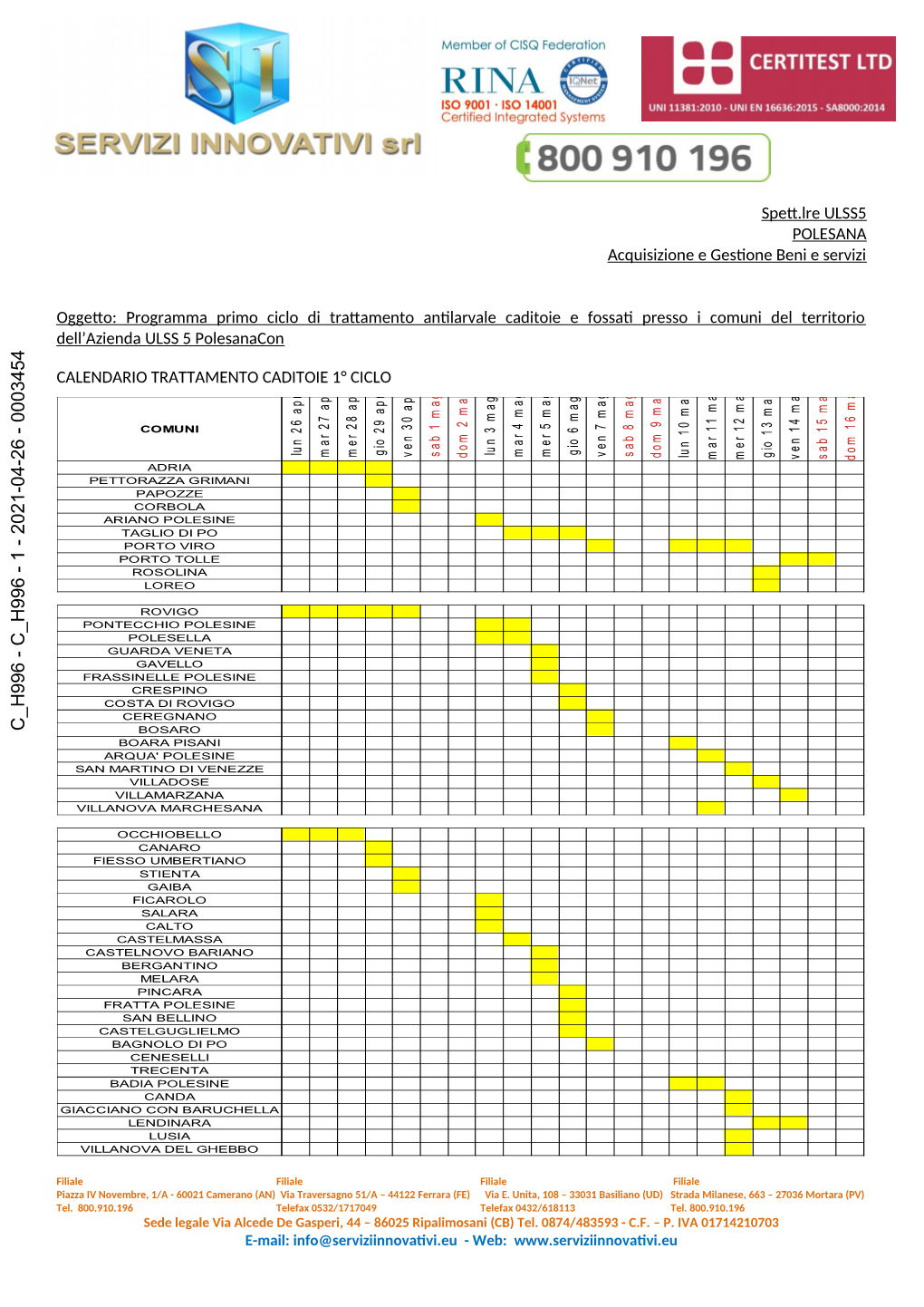 Calendario Interventi 2021 (Larvicidi + Caditoie Stradali)