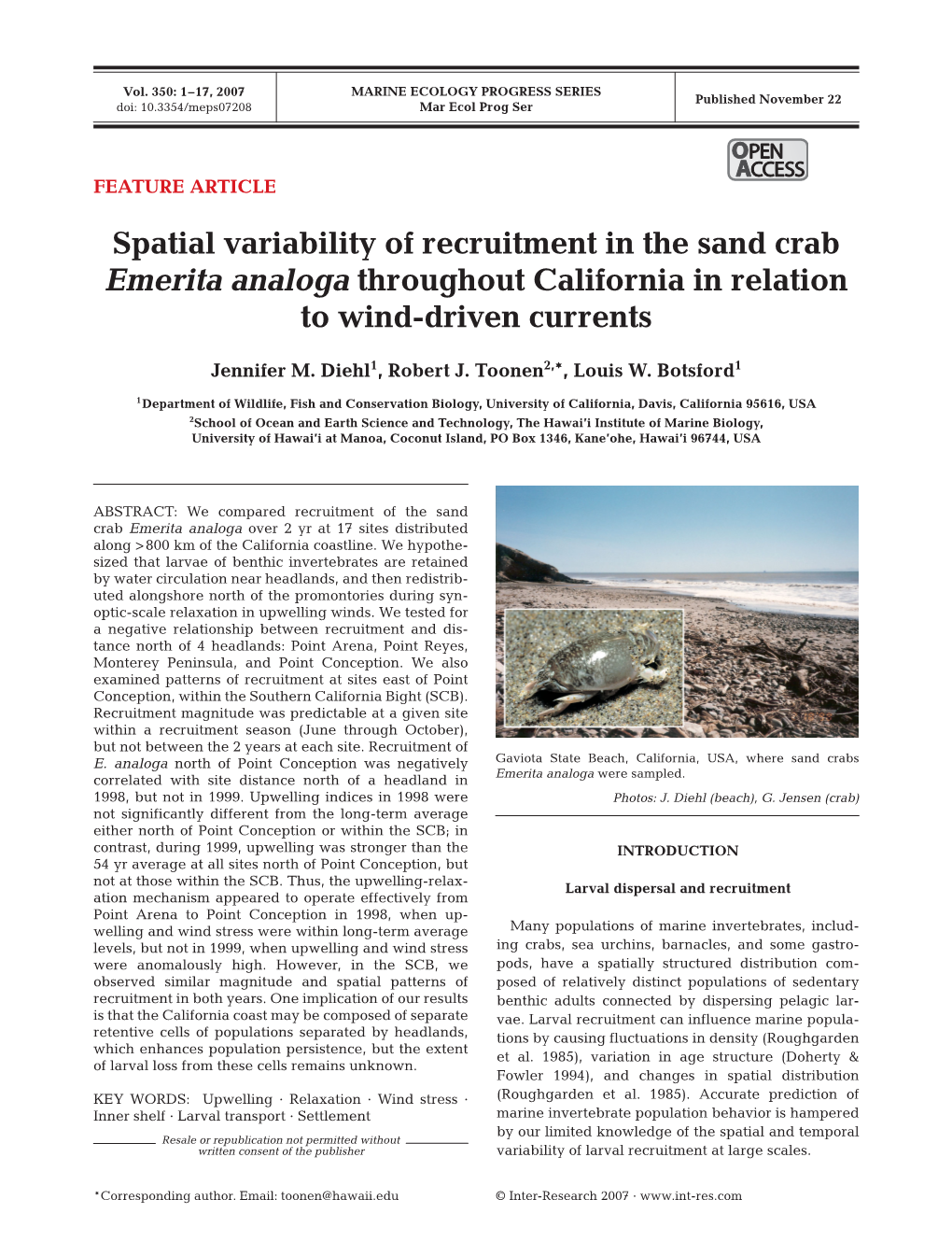 Spatial Variability of Recruitment in the Sand Crab Emerita Analoga Throughout California in Relation to Wind-Driven Currents