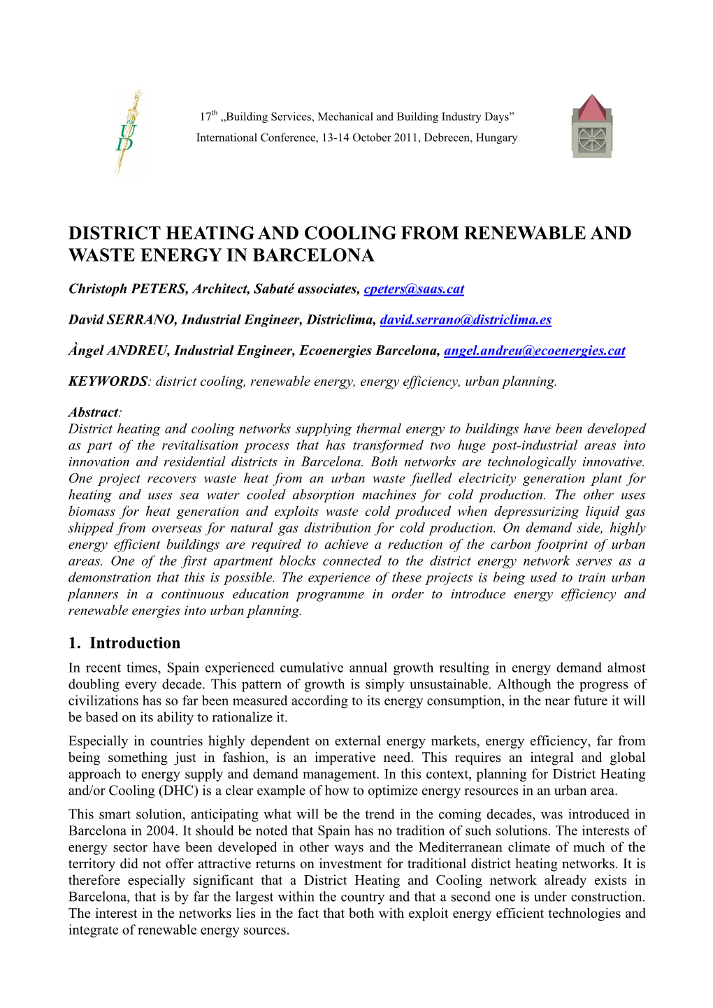 District Heating and Cooling from Renewable and Waste Energy in Barcelona