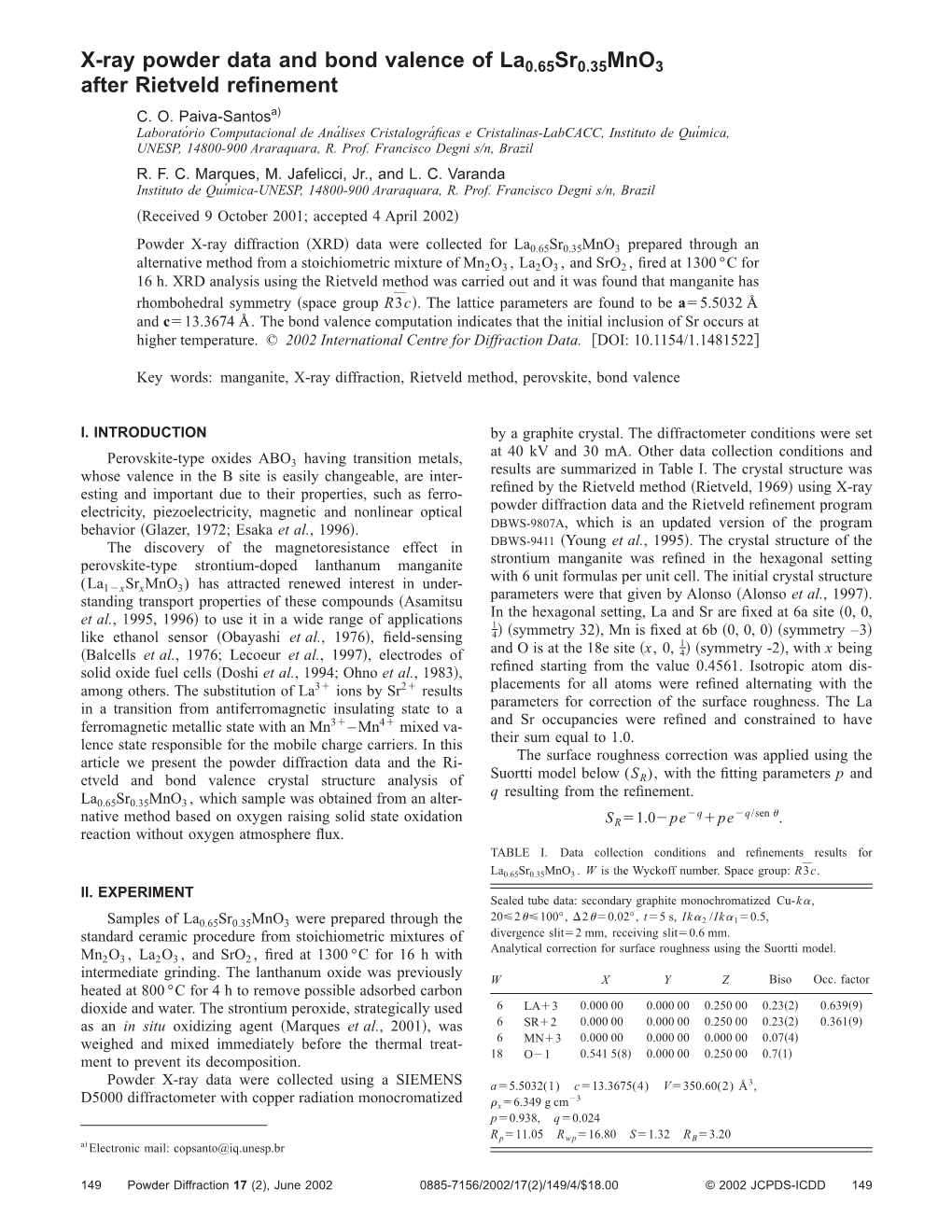 X-Ray Powder Data and Bond Valence of La0.65Sr0.35Mno3 After Rietveld Reﬁnement C