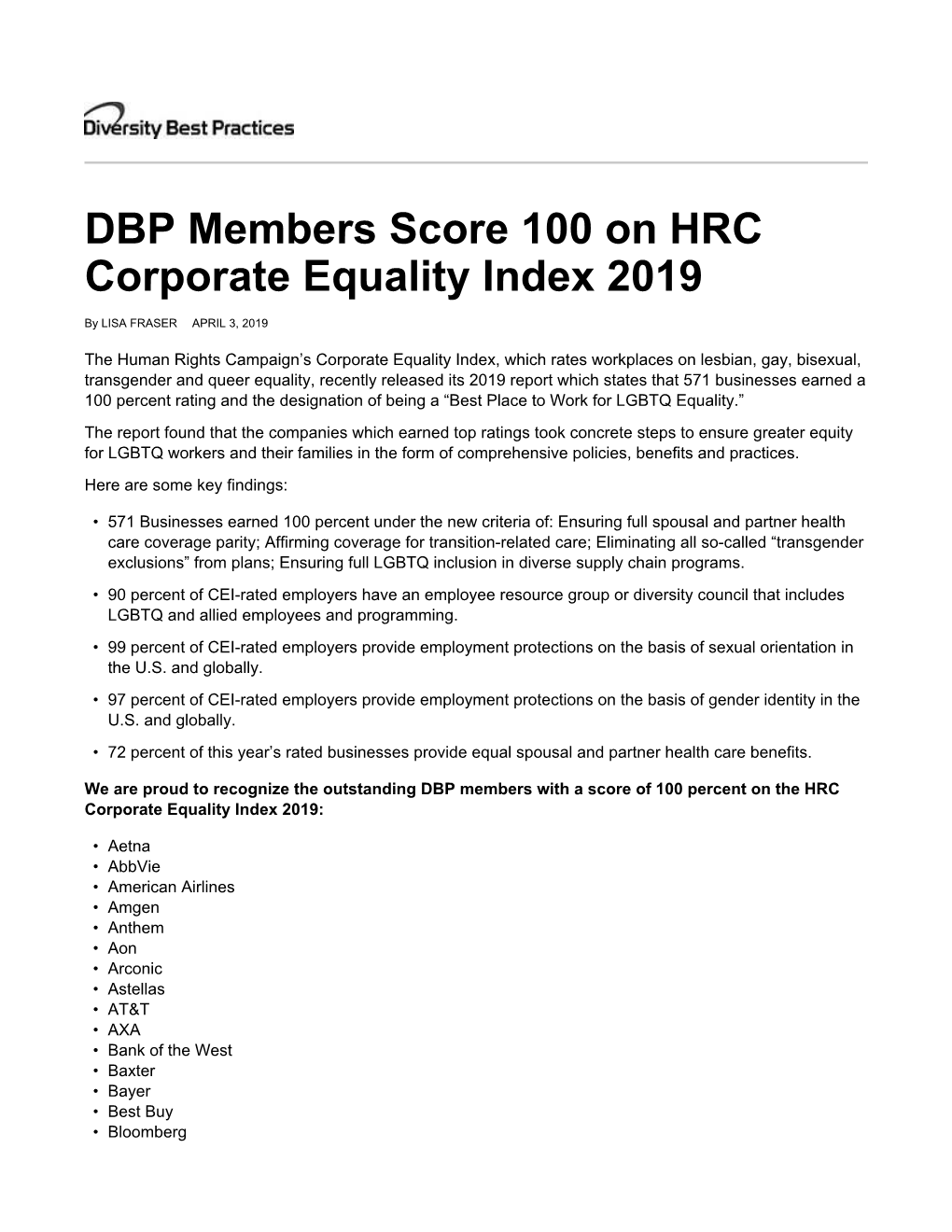 DBP Members Score 100 on HRC Corporate Equality Index 2019
