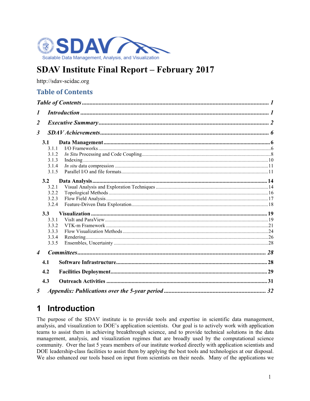 SDAV Institute Final Report – February 2017 Table of Contents Table of Contents
