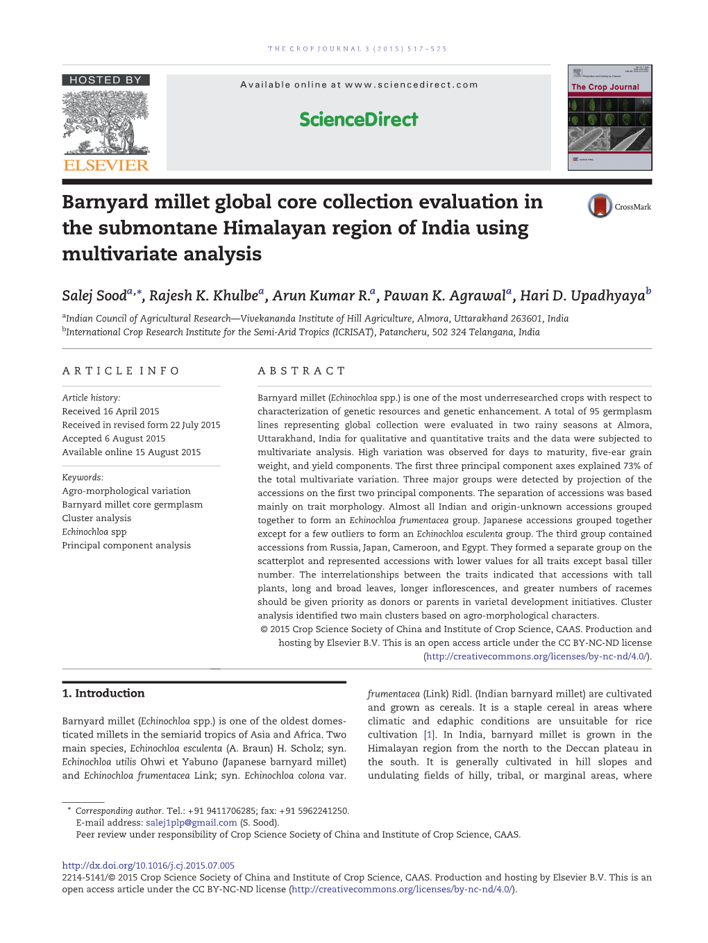 Barnyard Millet Global Core Collection Evaluation in the Submontane Himalayan Region of India Using Multivariate Analysis