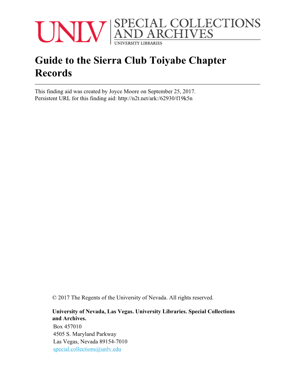 Guide to the Sierra Club Toiyabe Chapter Records
