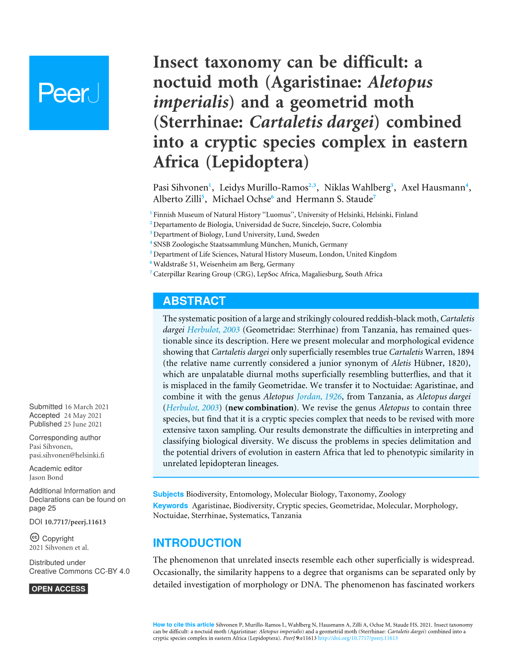 Sterrhinae: Cartaletis Dargei) Combined Into a Cryptic Species Complex in Eastern Africa (Lepidoptera)