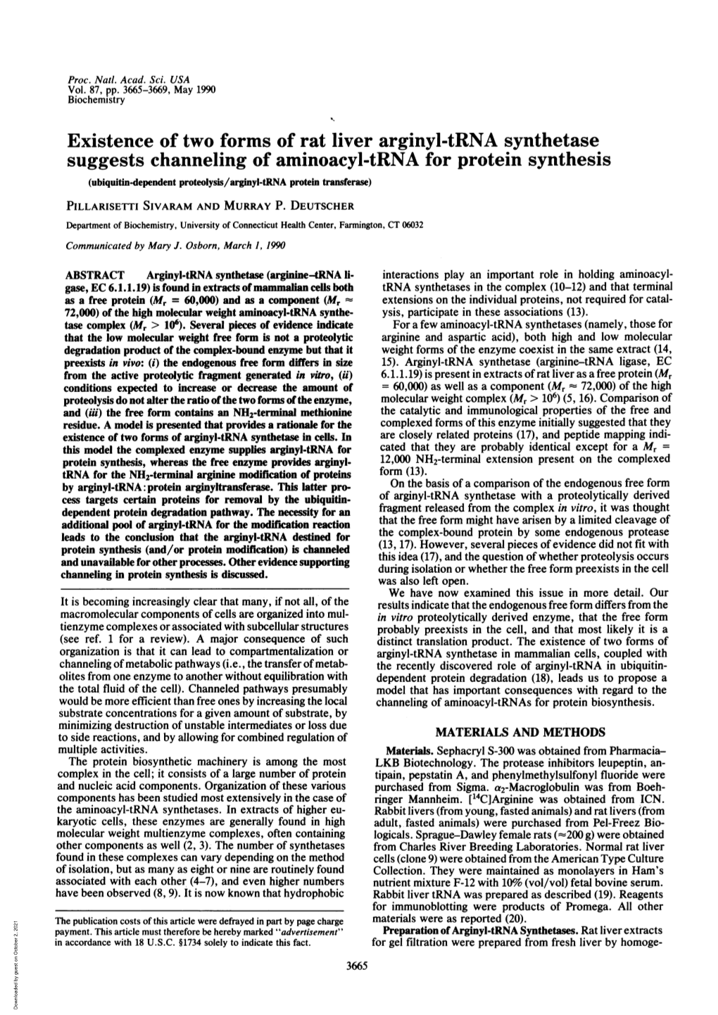 Existence of Two Forms of Rat Liver Arginyl-Trna Synthetase Suggests Channeling of Aminoacyl-Trna for Protein Synthesis