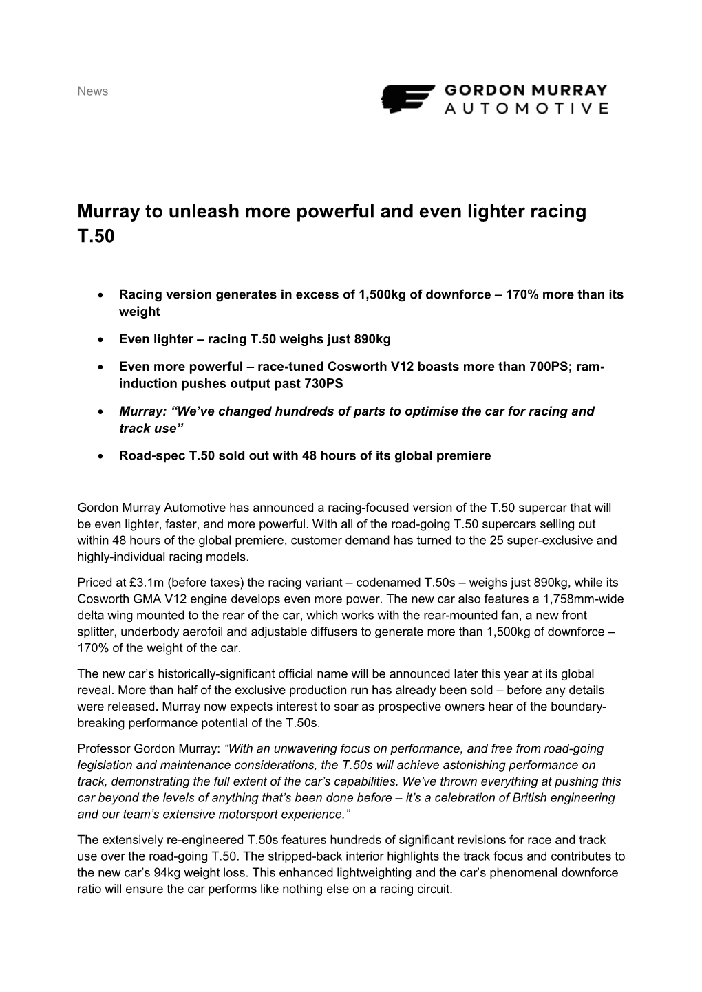 Murray to Unleash More Powerful and Even Lighter Racing T.50