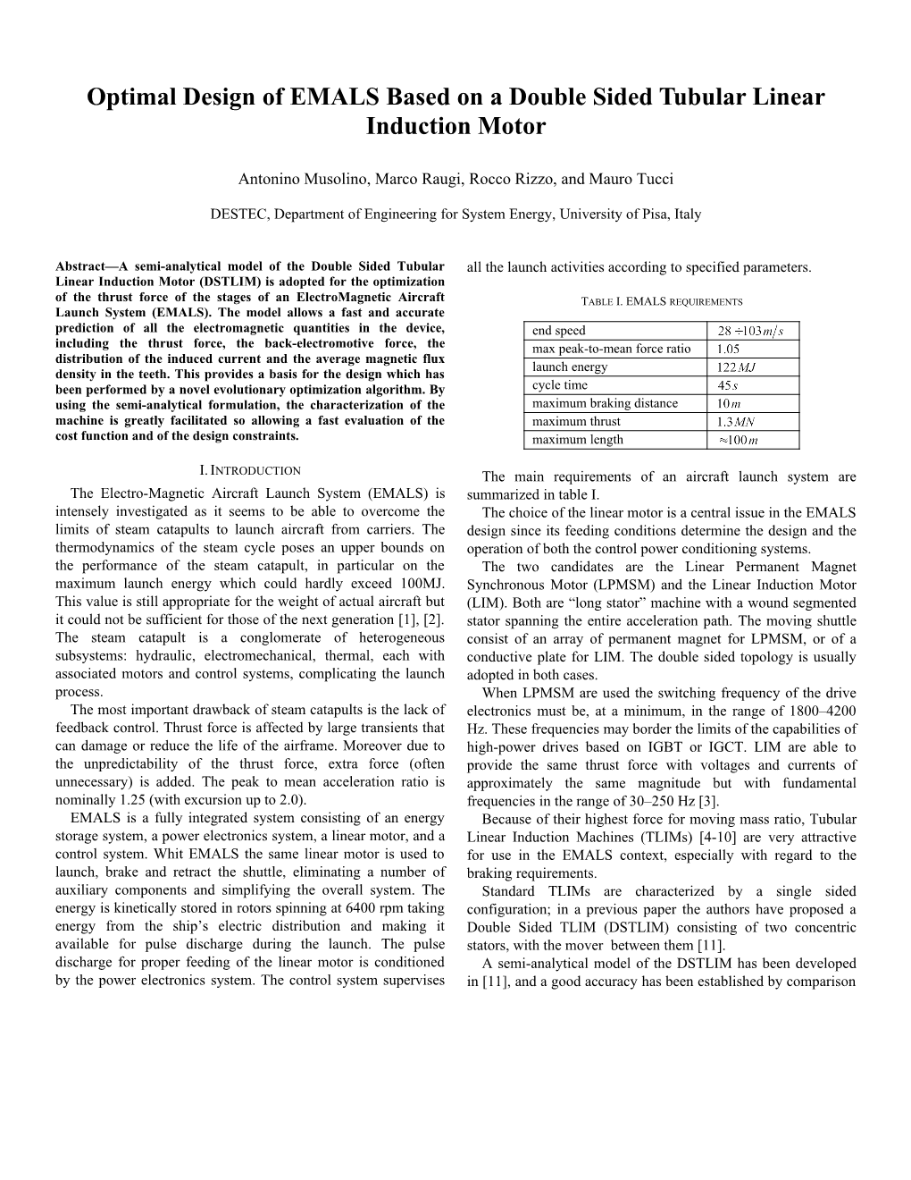 Optimal Design of EMALS Based on a Double Sided Tubular Linear Induction Motor