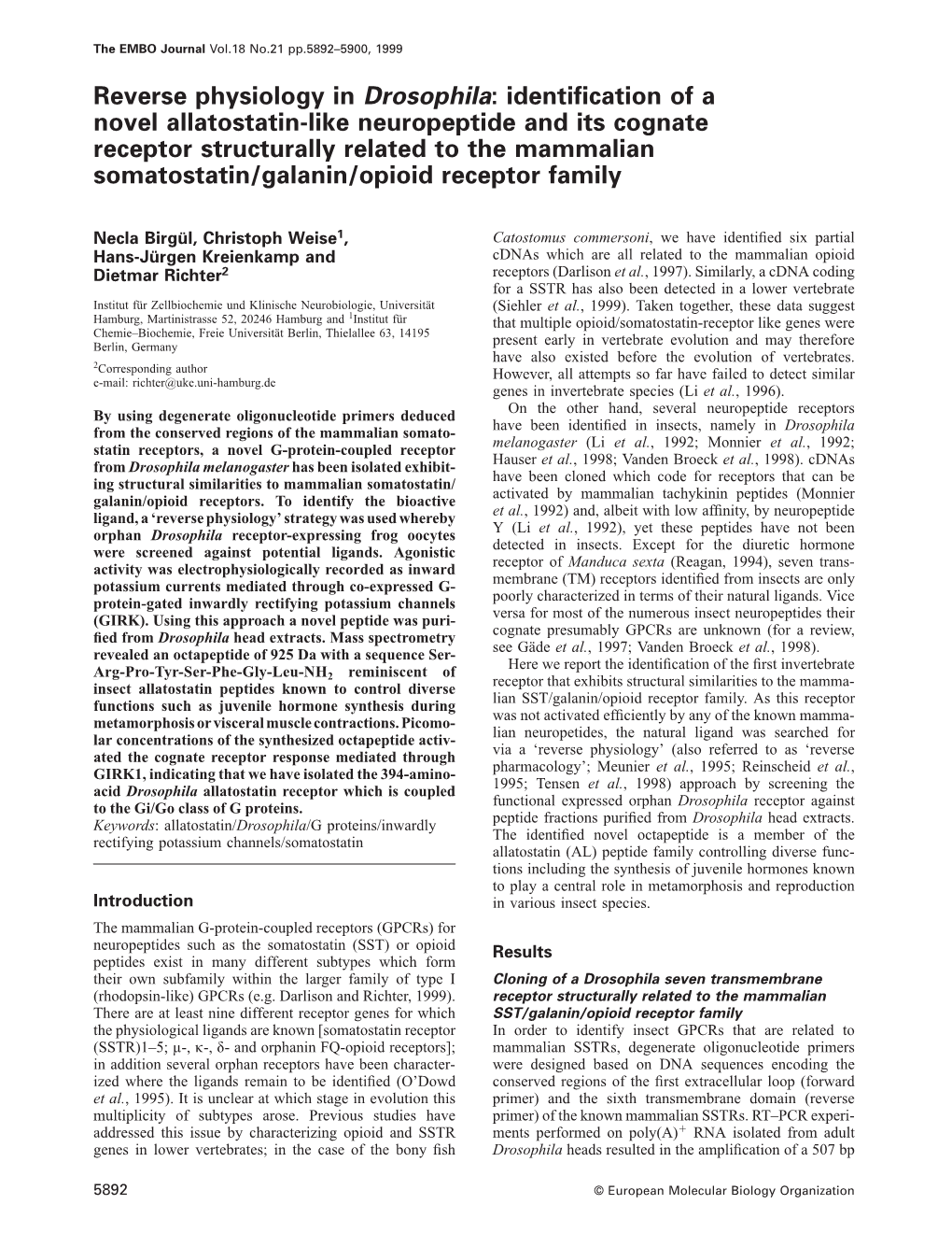 Reverse Physiology in Drosophila: Identification of a Novel Allatostatin