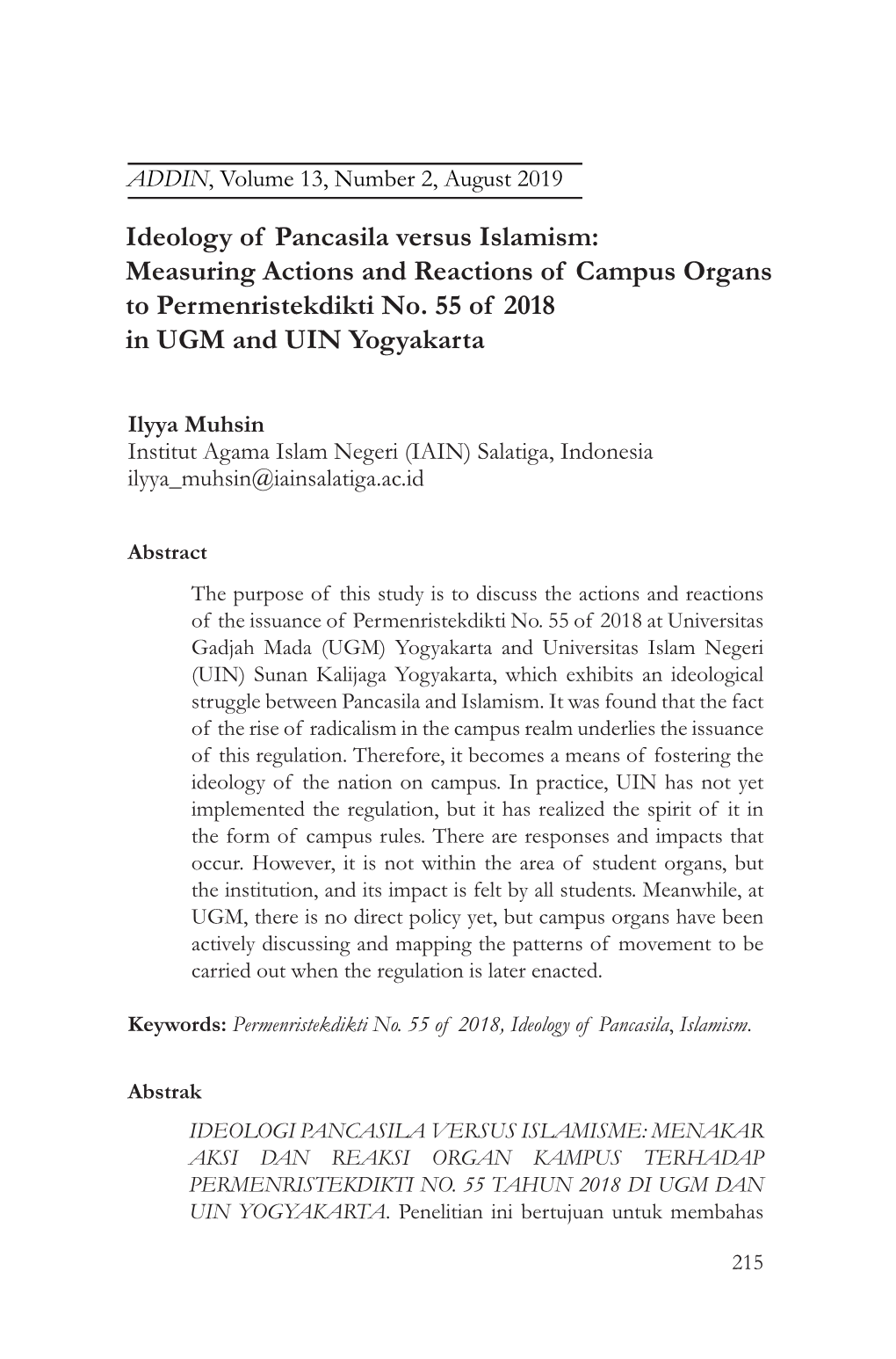 Ideology of Pancasila Versus Islamism: Measuring Actions and Reactions of Campus Organs to Permenristekdikti No