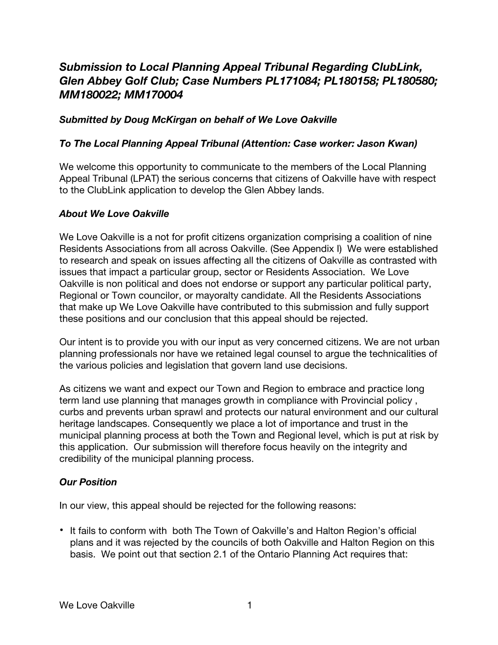 Submission to Local Planning Appeal Tribunal Regarding Clublink, Glen Abbey Golf Club; Case Numbers PL171084; PL180158; PL180580; MM180022; MM170004