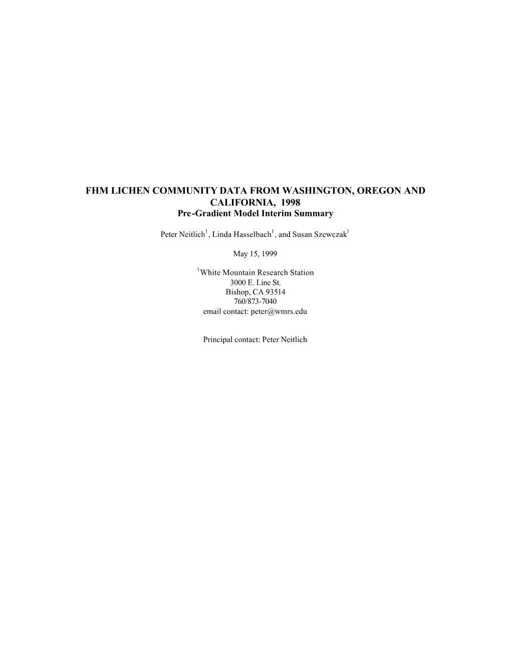 FHM LICHEN COMMUNITY DATA from WASHINGTON, OREGON and CALIFORNIA, 1998 Pre -Gradient Model Interim Summary