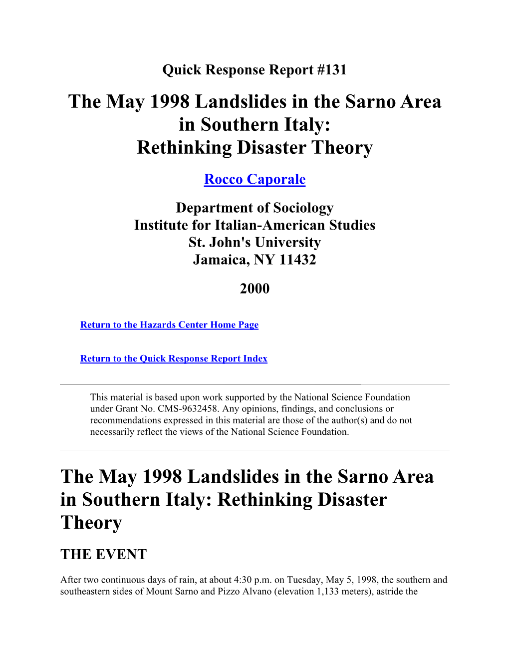 The May 1998 Landslides in the Sarno