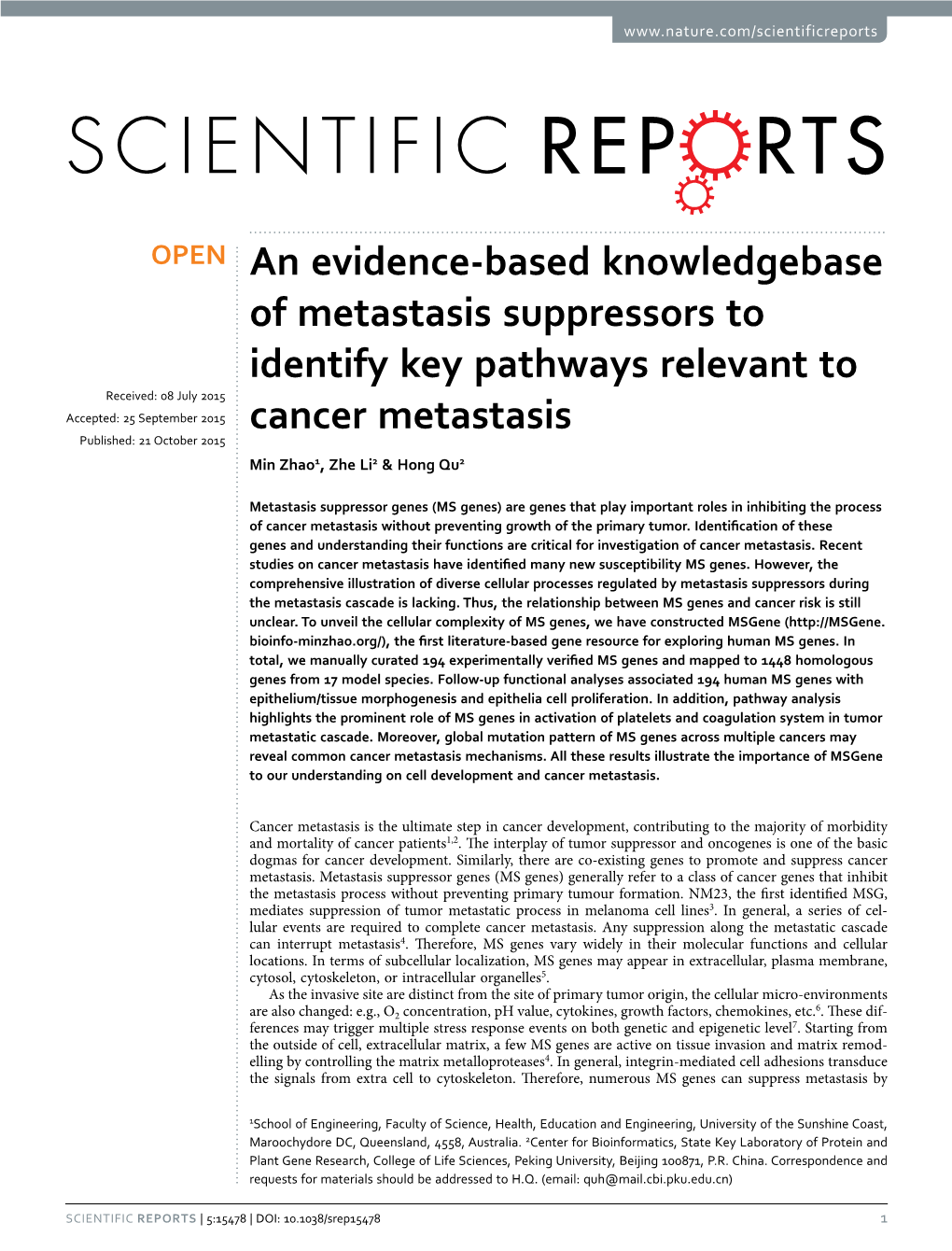 An Evidence-Based Knowledgebase of Metastasis Suppressors to Identify