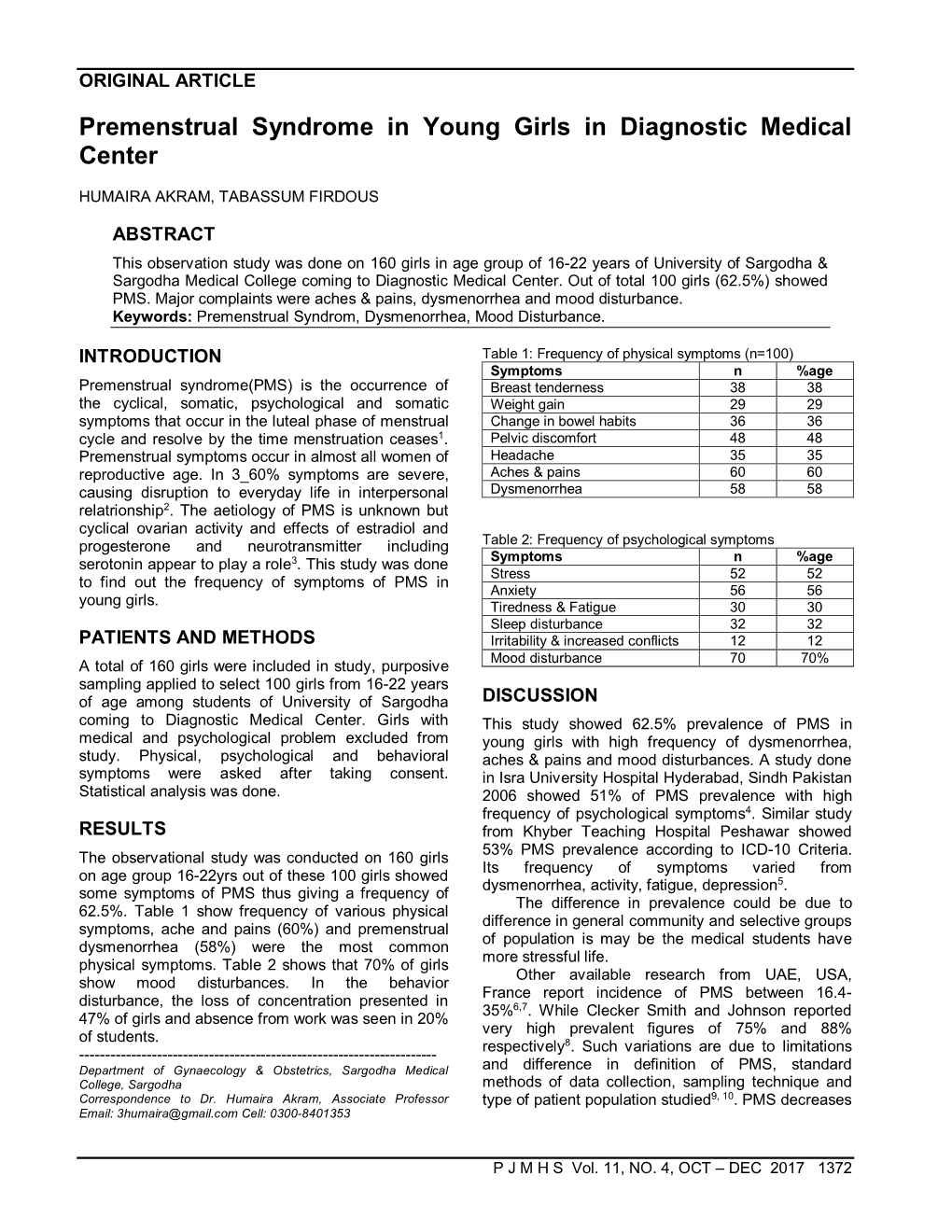 Premenstrual Syndrome in Young Girls in Diagnostic Medical Center