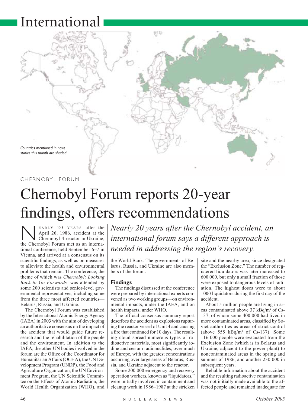Chernobyl Forum Reports 20-Year Findings, Offers Recommendations