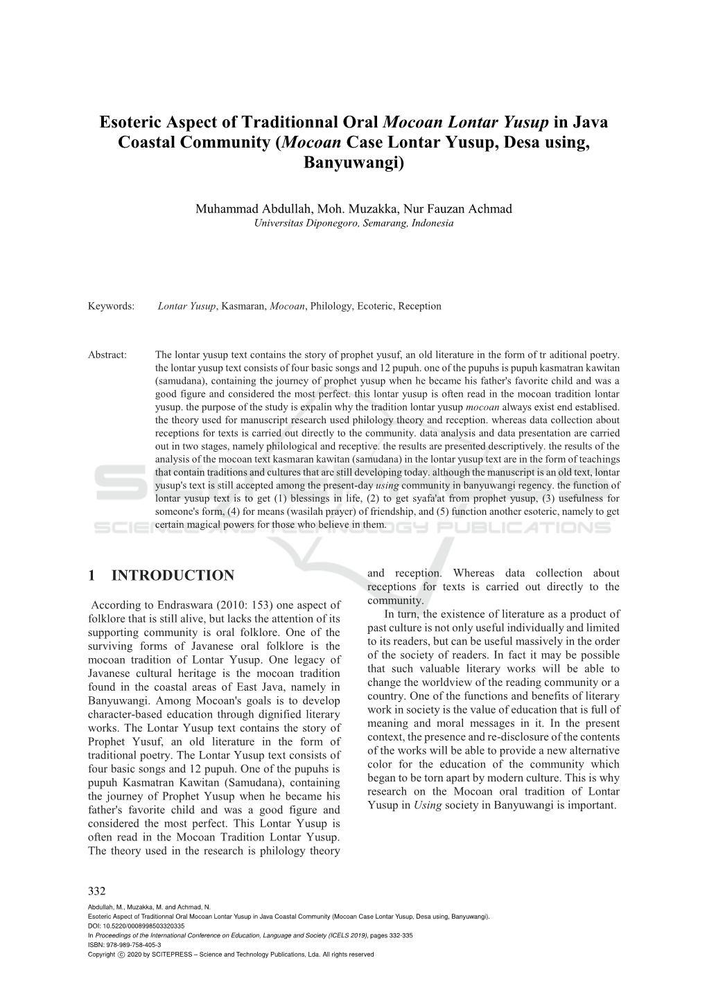 Esoteric Aspect of Traditionnal Oral Mocoan Lontar Yusup in Java Coastal Community (Mocoan Case Lontar Yusup, Desa Using, Banyuwangi)