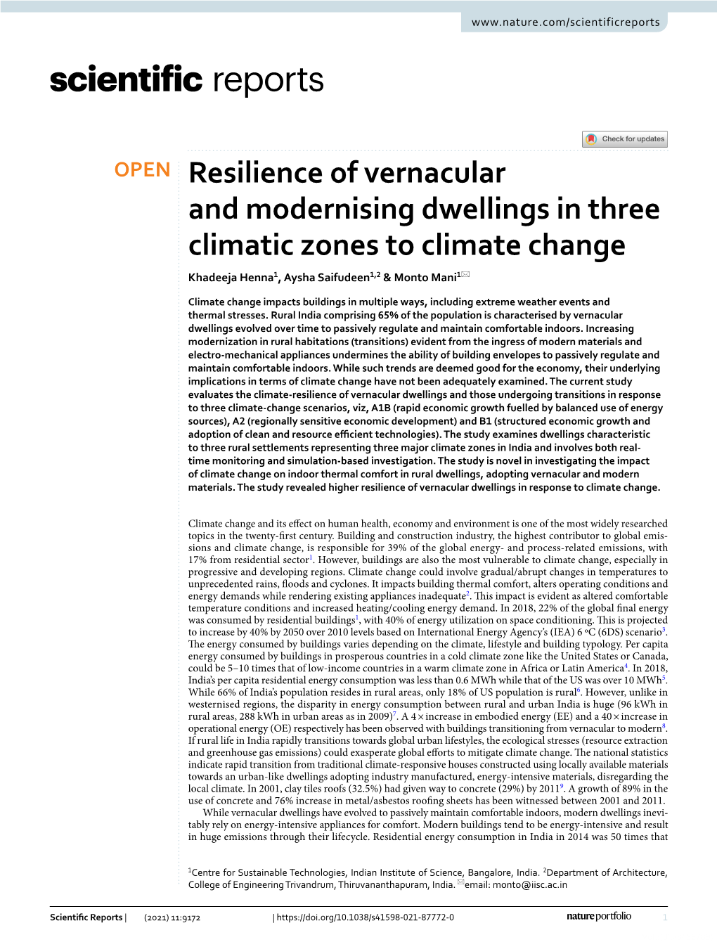 Resilience of Vernacular and Modernising Dwellings in Three Climatic Zones to Climate Change Khadeeja Henna1, Aysha Saifudeen1,2 & Monto Mani1*