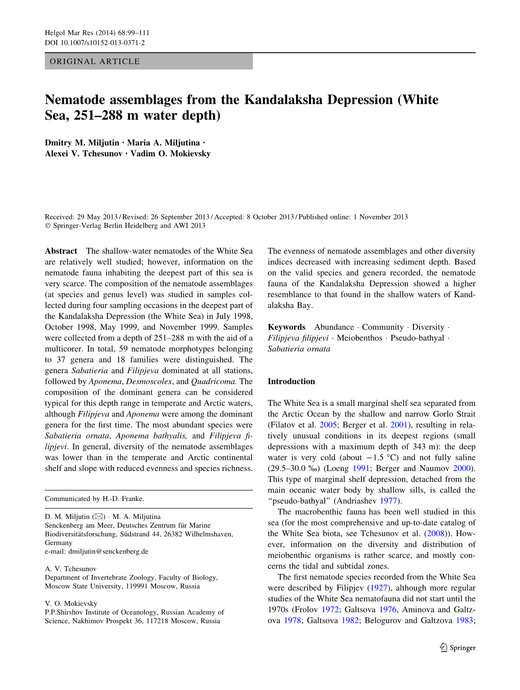 Nematode Assemblages from the Kandalaksha Depression (White Sea, 251–288 M Water Depth)