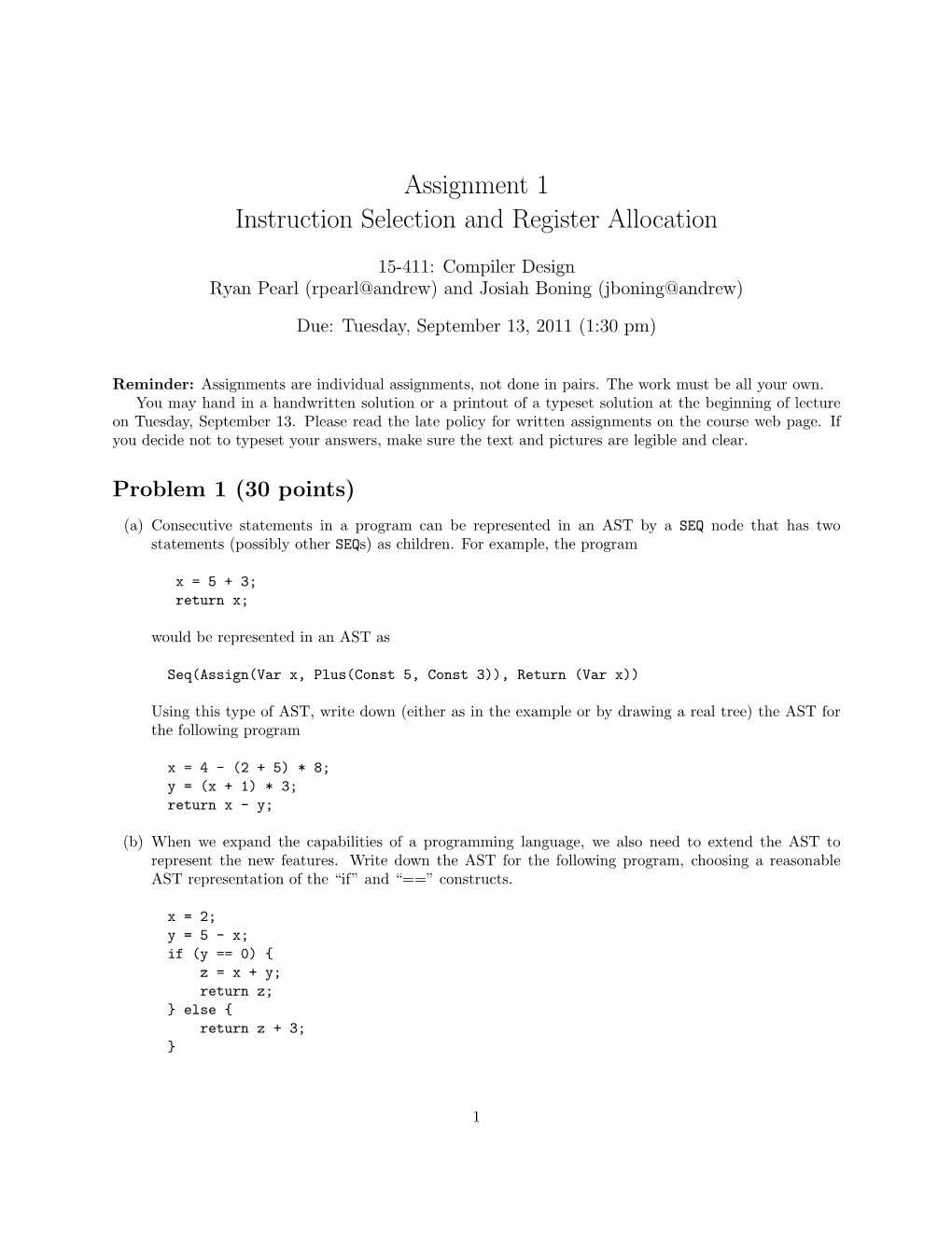 Assignment 1 Instruction Selection and Register Allocation