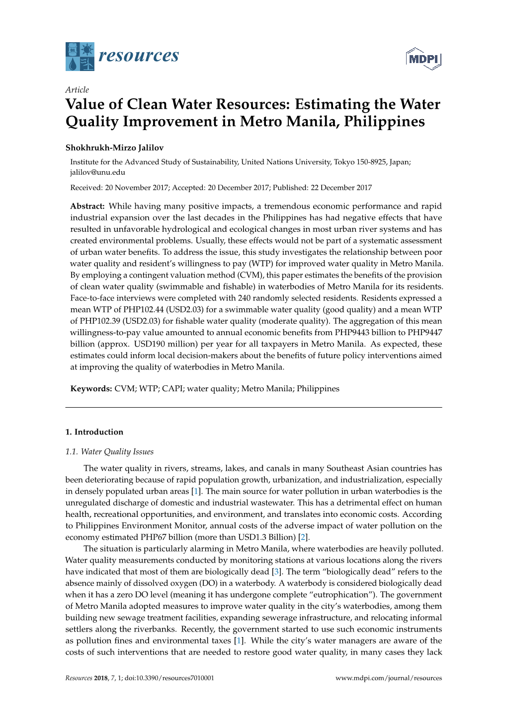 Value of Clean Water Resources: Estimating the Water Quality Improvement in Metro Manila, Philippines