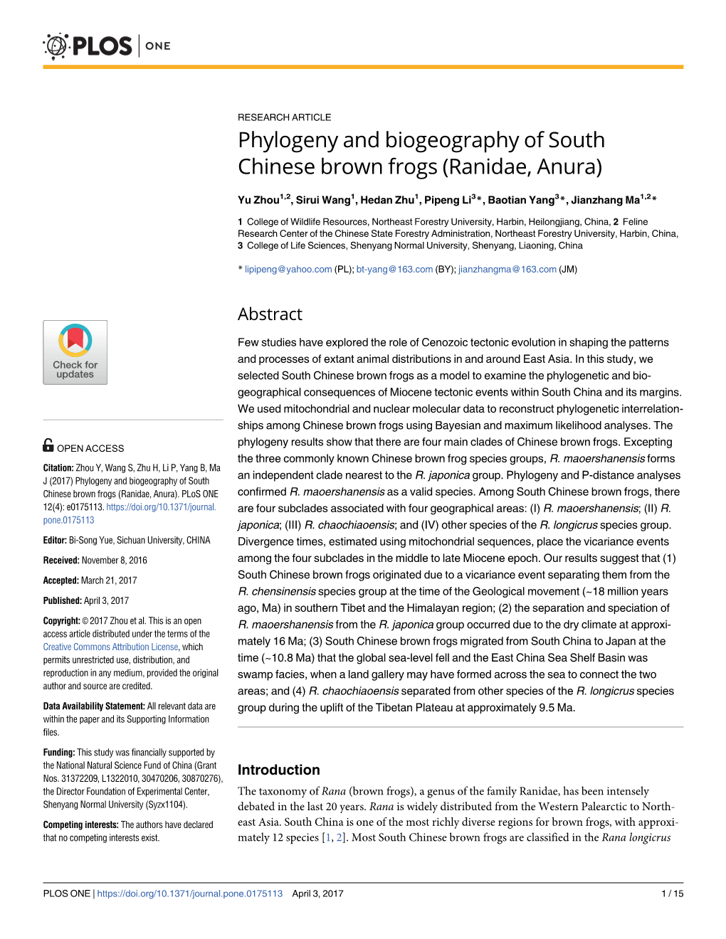 Phylogeny and Biogeography of South Chinese Brown Frogs (Ranidae, Anura)