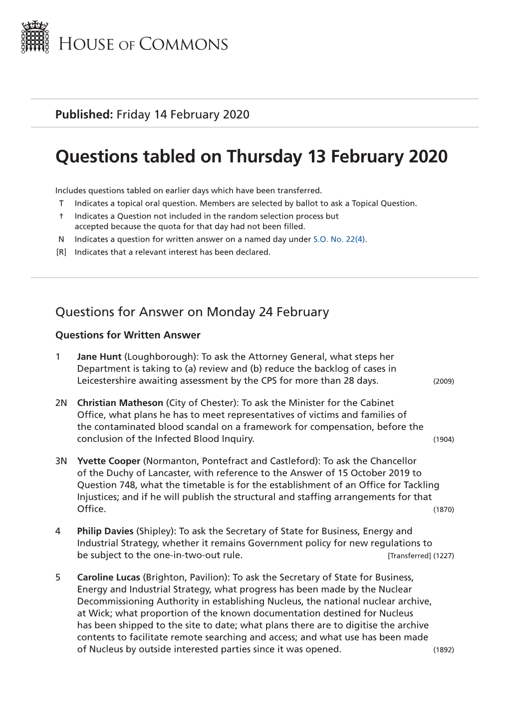 Questions Tabled on Thu 13 Feb 2020