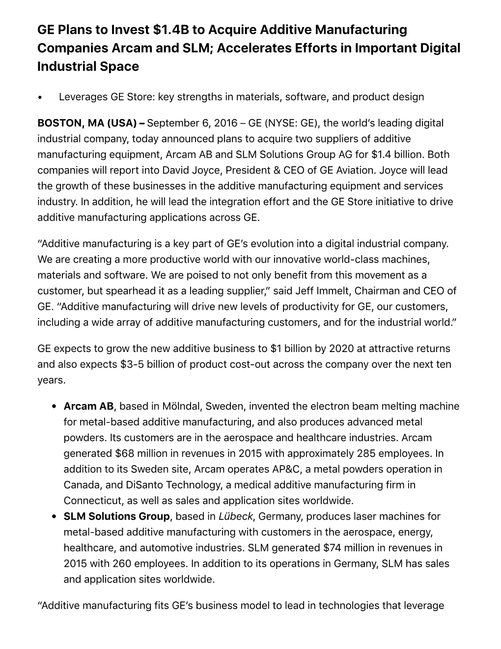 GE Plans to Invest $1.4B to Acquire Additive Manufacturing Companies Arcam and SLM; Accelerates Efforts in Important Digital Industrial Space