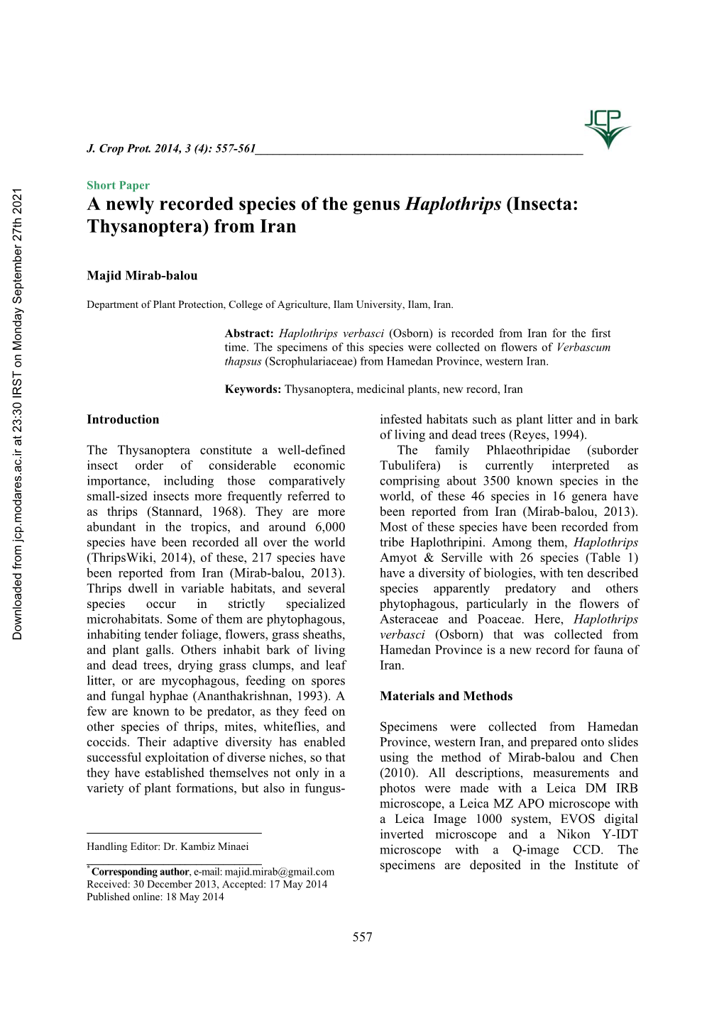 A Newly Recorded Species of the Genus Haplothrips (Insecta: Thysanoptera) from Iran