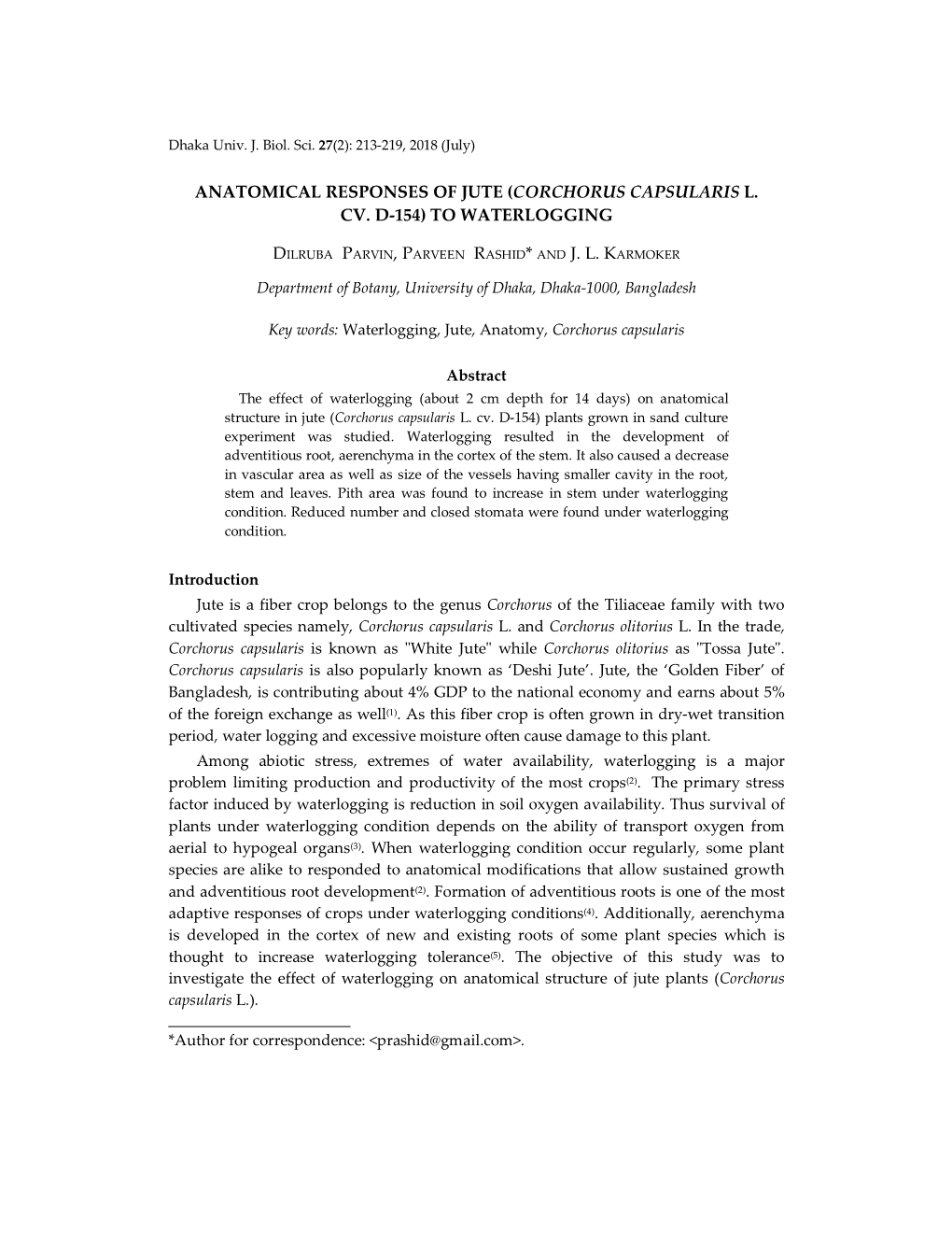 Anatomical Responses of Jute (Corchorus Capsularis L. Cv. D-154) to Waterlogging