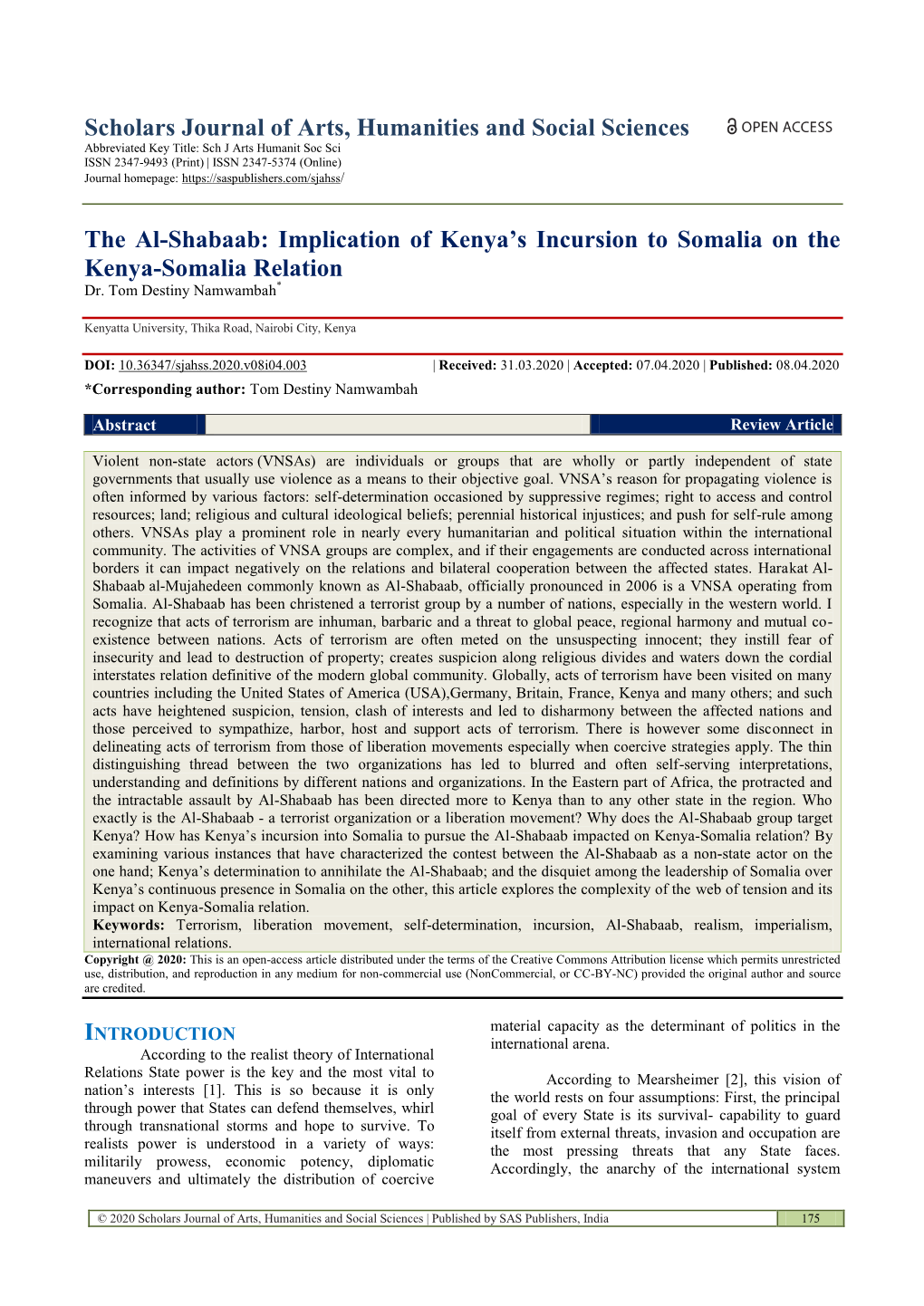 The Al-Shabaab: Implication of Kenya’S Incursion to Somalia on the Kenya-Somalia Relation Dr