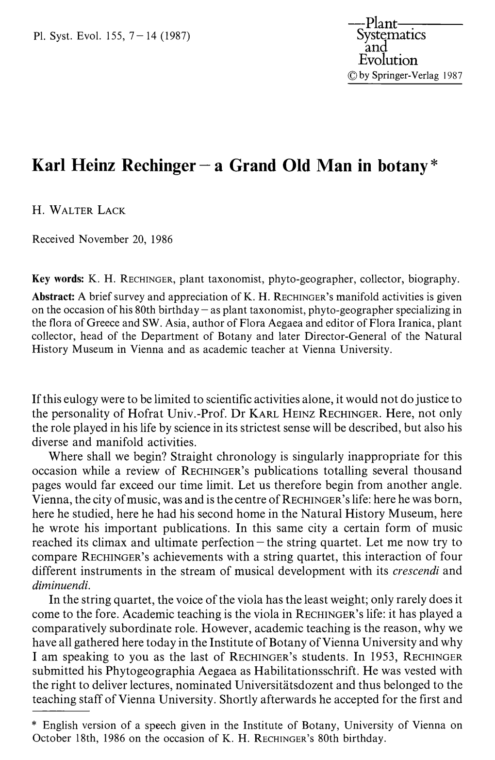 Karl Heinz Rechinger —A Grand Old Man in Botany*