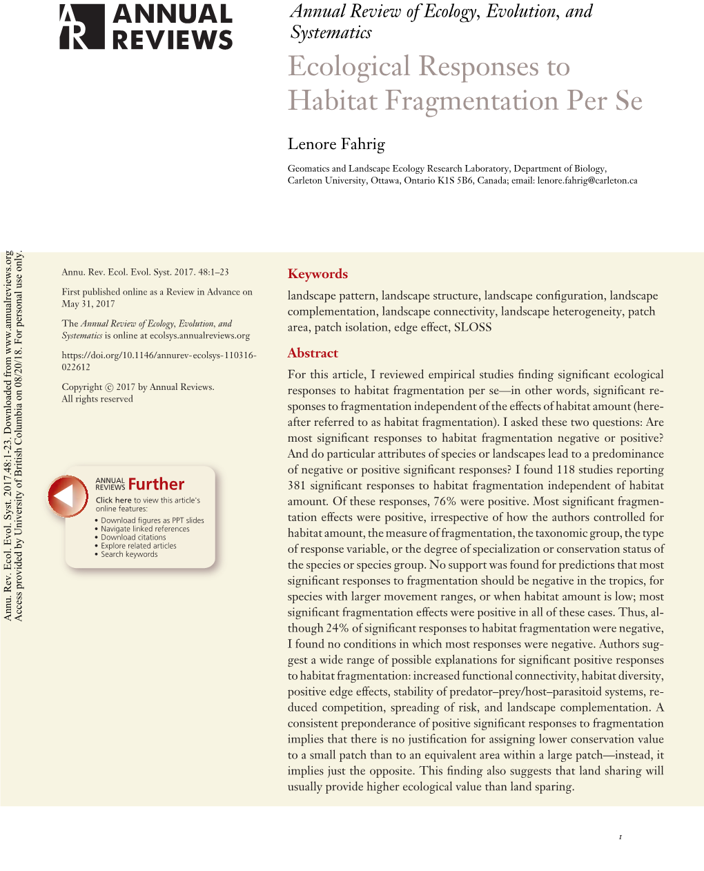 Ecological Responses to Habitat Fragmentation Per Se