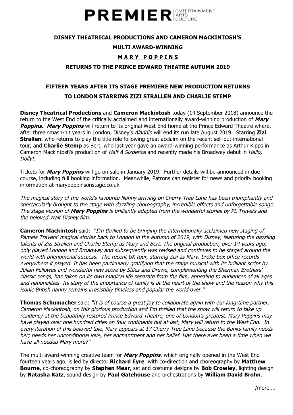 Disney Theatrical Productions and Cameron Mackintosh’S Multi Award-Winning M a R Y P O P P I N S Returns to the Prince Edward Theatre Autumn 2019