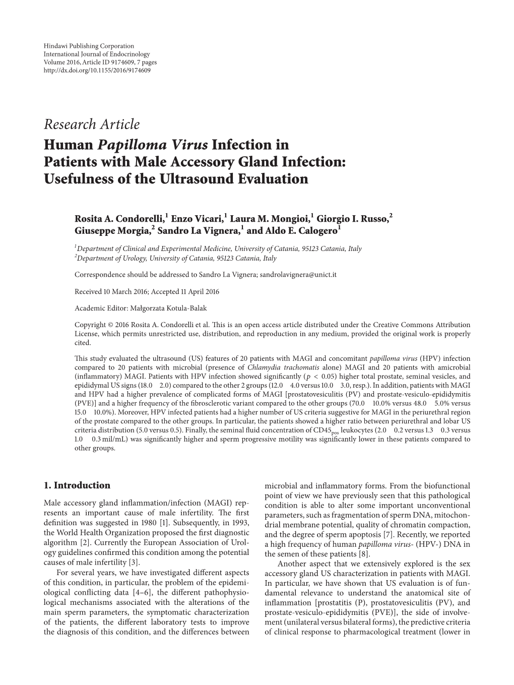 Human Papilloma Virus Infection in Patients with Male Accessory Gland Infection: Usefulness of the Ultrasound Evaluation
