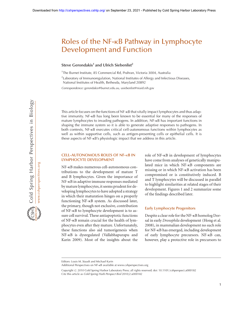 Roles of the NF-Kb Pathway in Lymphocyte Development and Function