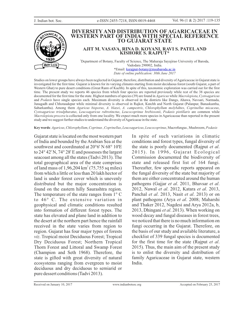 Diversity and Distribution of Agaricaceae in Western Part of India with Special Reference to Gujarat State Ajit M