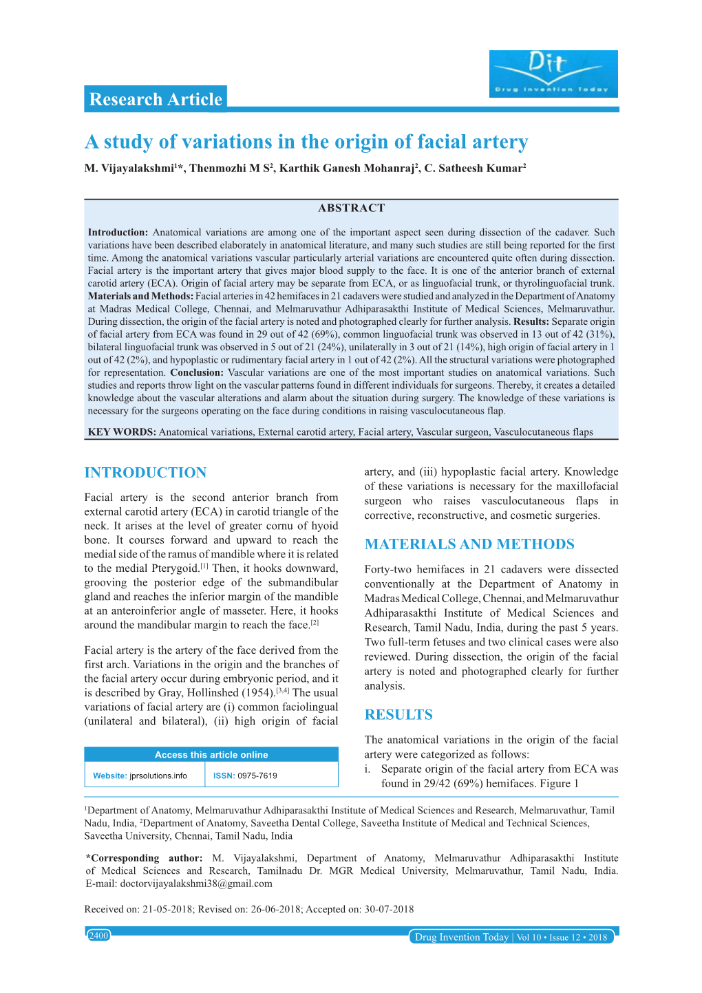 A Study of Variations in the Origin of Facial Artery M