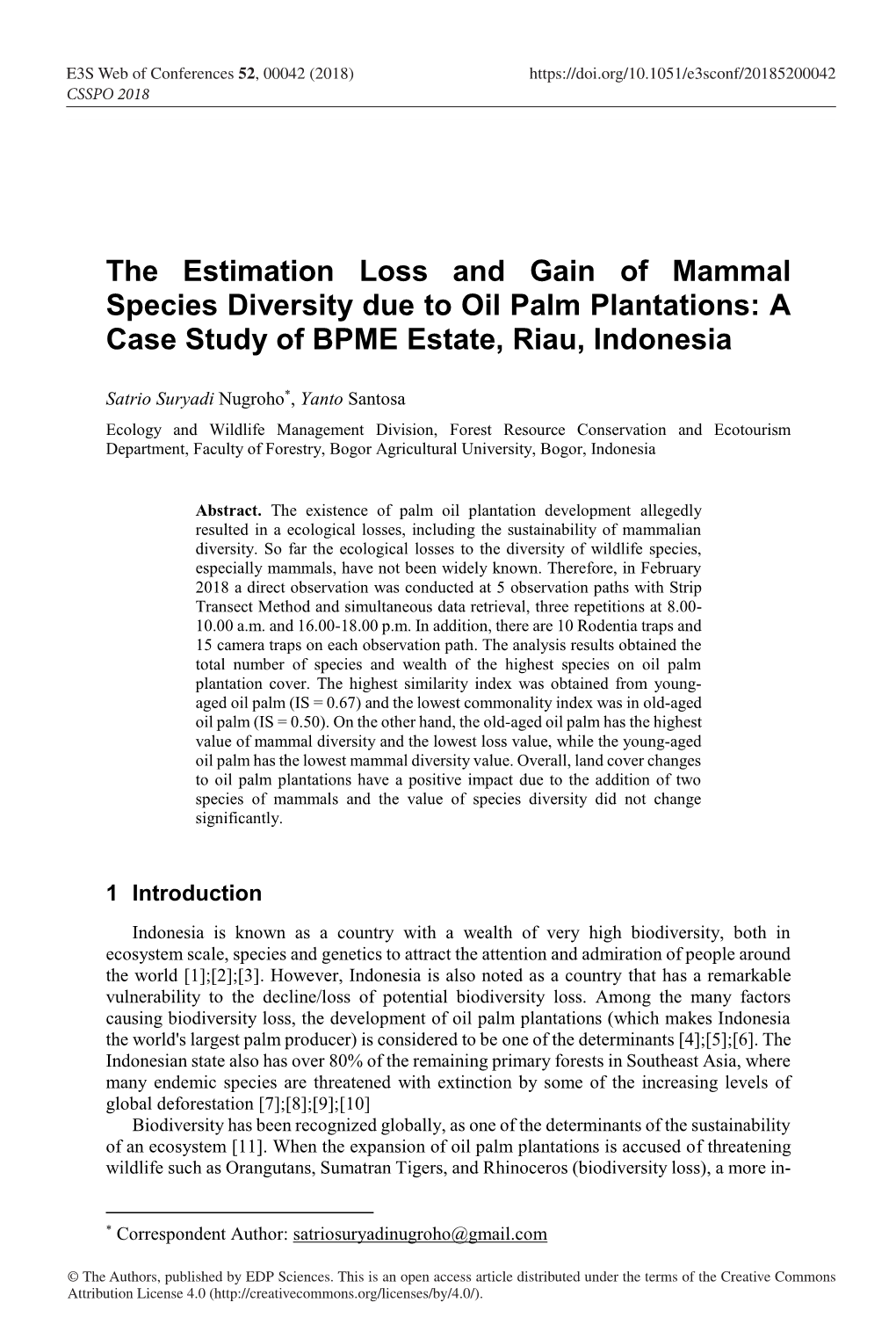 The Estimation Loss and Gain of Mammal Species Diversity Due to Oil Palm Plantations: a Case Study of BPME Estate, Riau, Indonesia