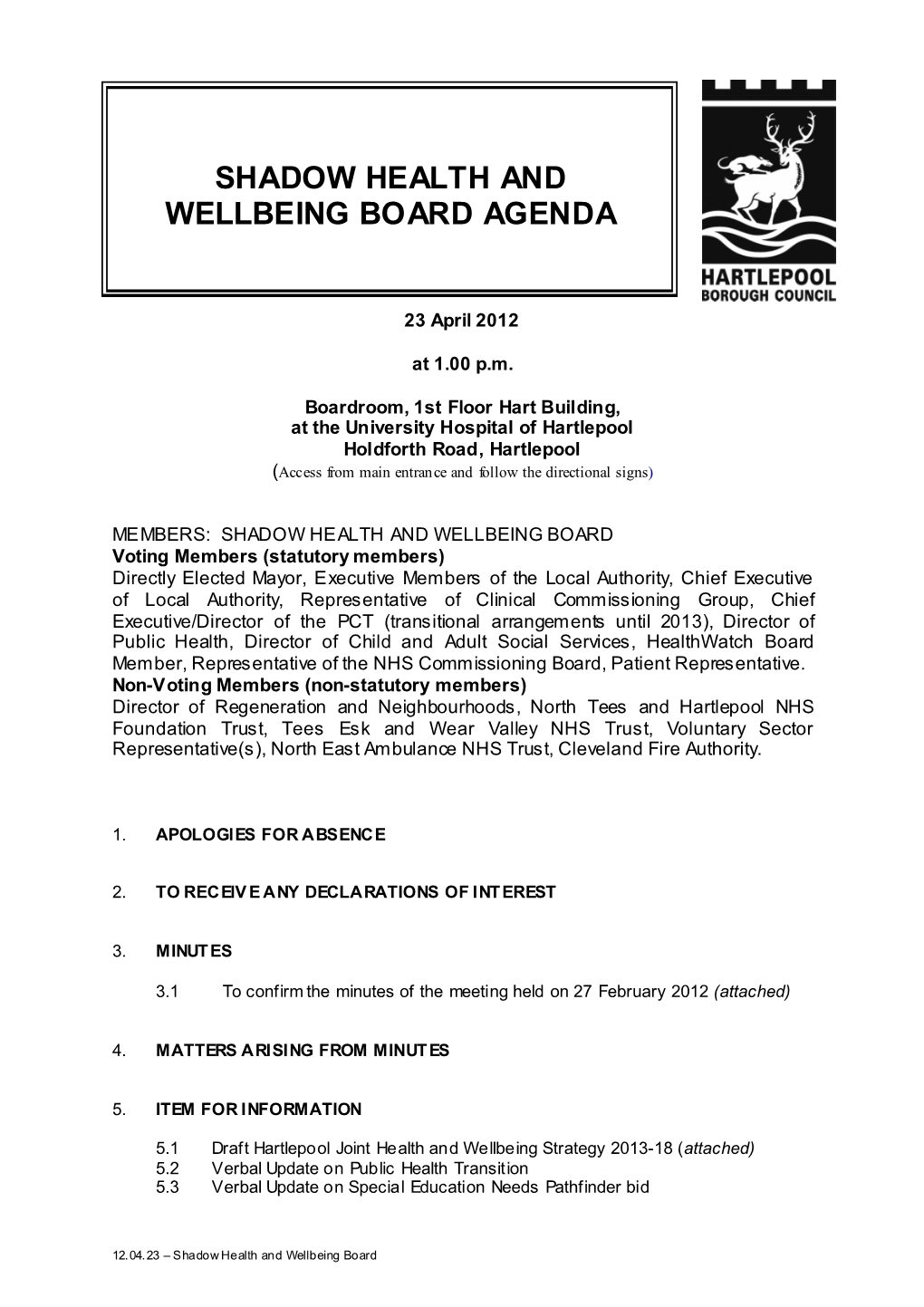 Shadow Health and Wellbeing Board Agenda