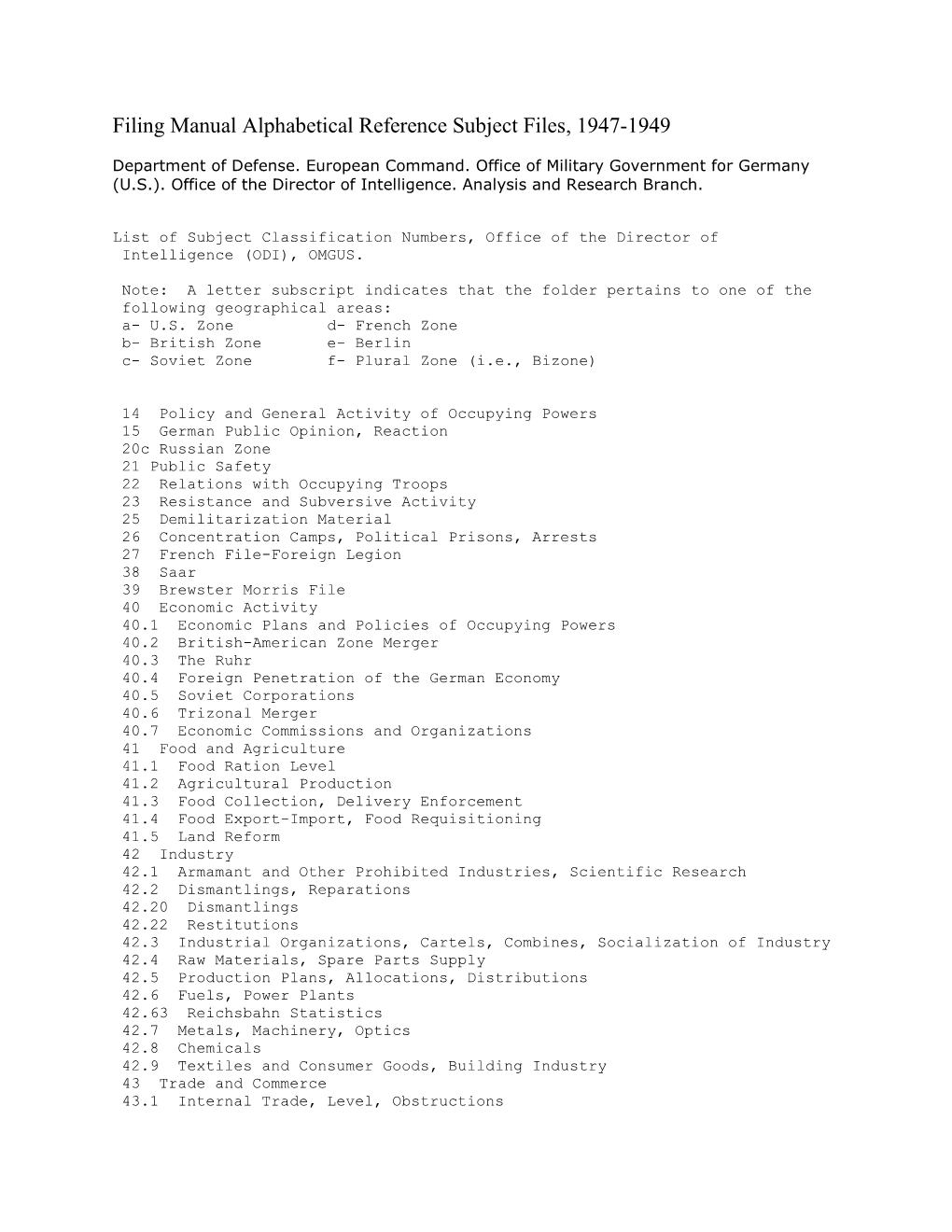 Filing Manual Alphabetical Reference Subject Files, 1947-1949