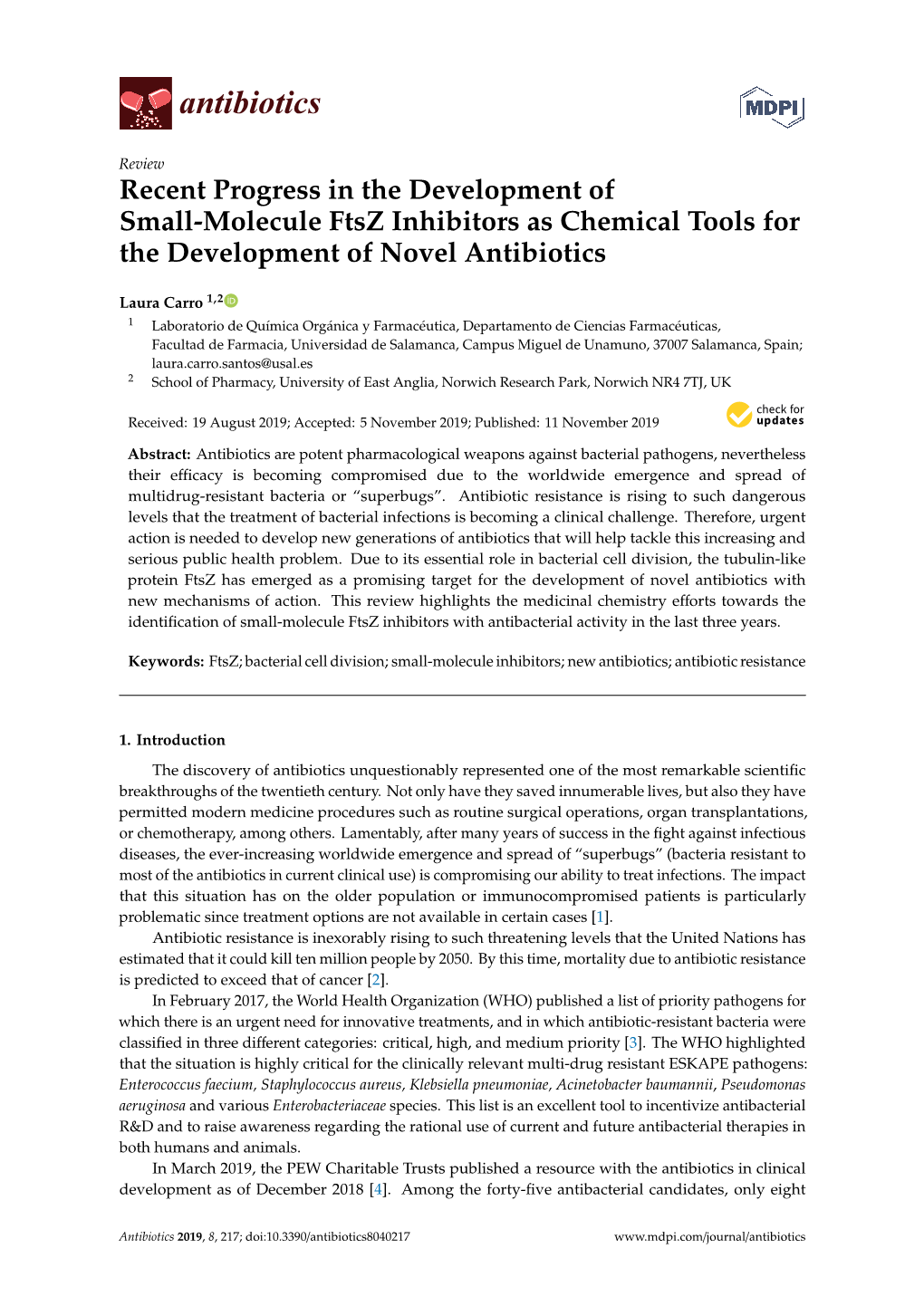 Recent Progress in the Development of Small-Molecule Ftsz Inhibitors As Chemical Tools for the Development of Novel Antibiotics