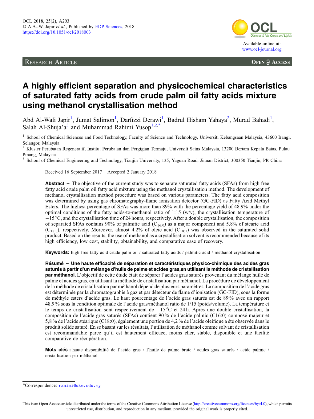 A Highly Efficient Separation and Physicochemical Characteristics of Saturated Fatty Acids from Crude Palm Oil Fatty Acids Mixtu