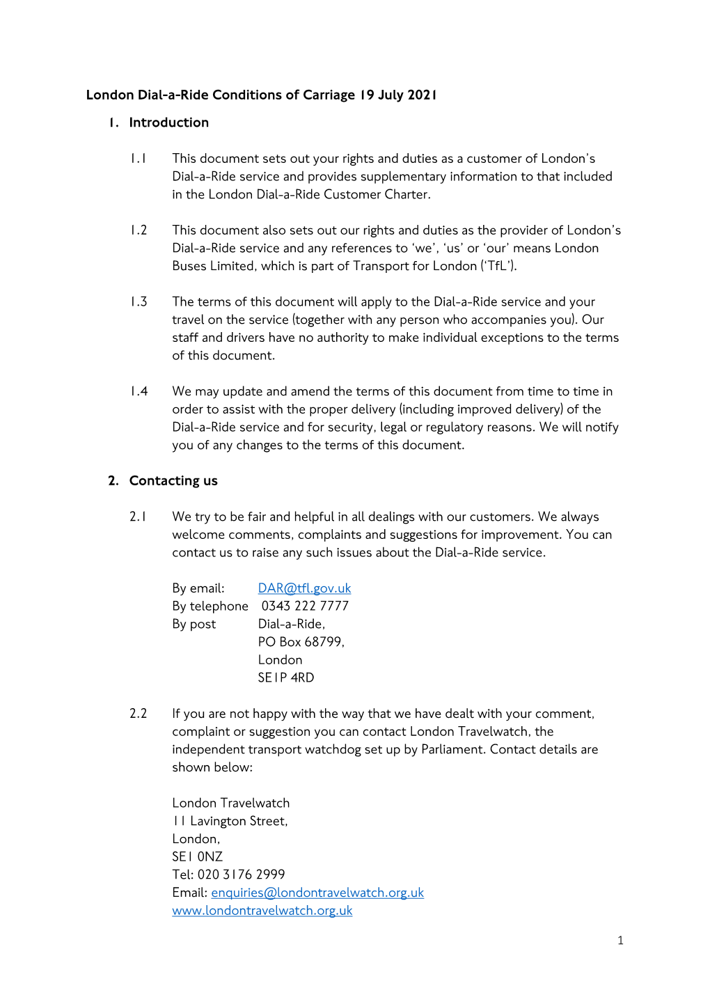 London Dial-A-Ride Conditions of Carriage 19 July 2021 1