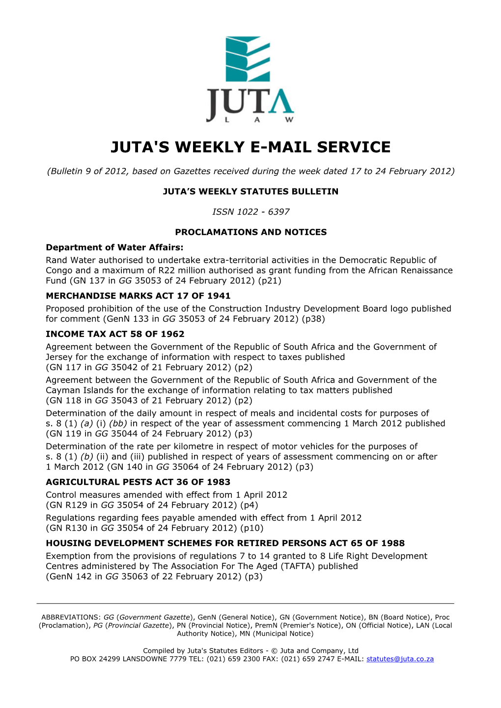 Juta's Weekly E-Mail Service