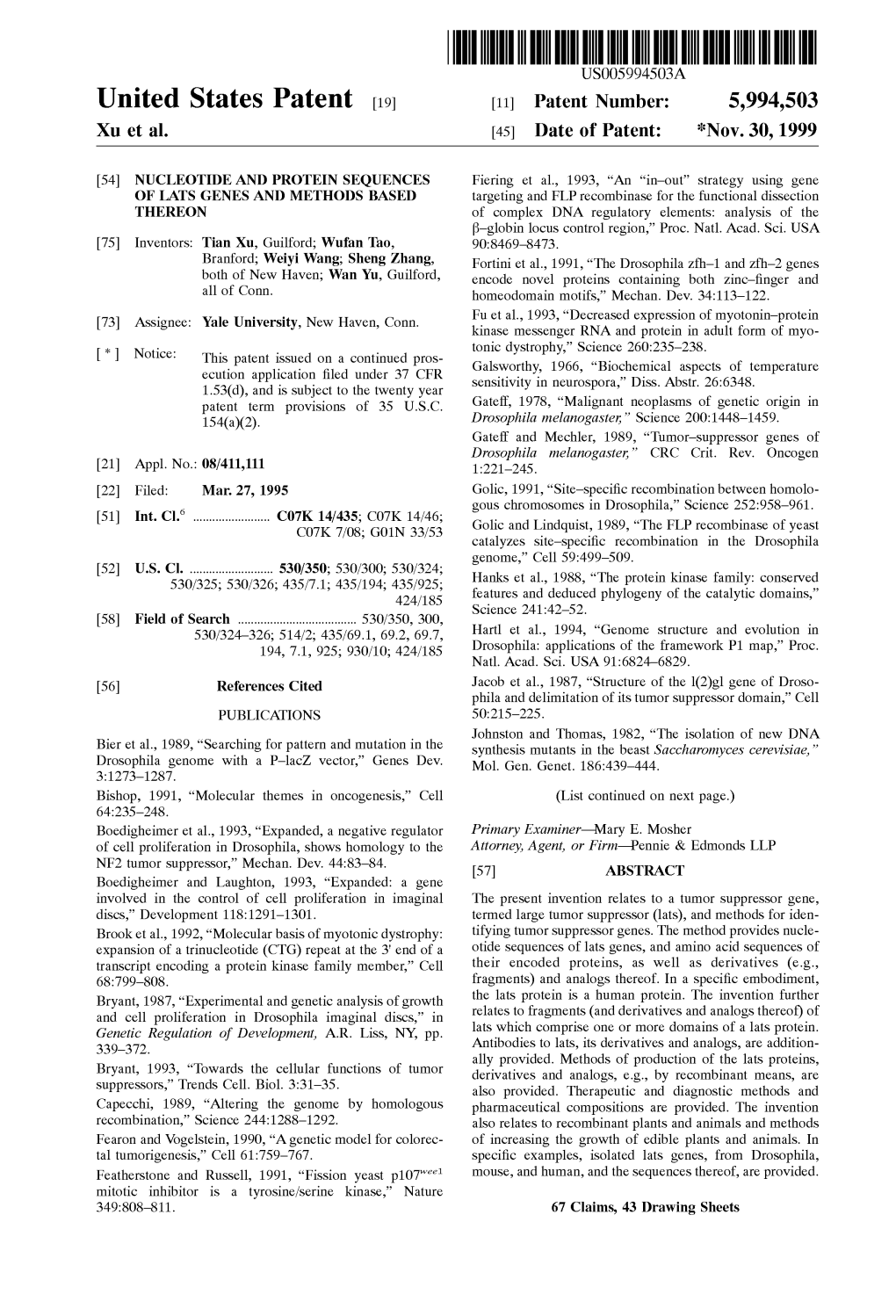 United States Patent (19) 11 Patent Number: 5,994,503 Xu Et Al