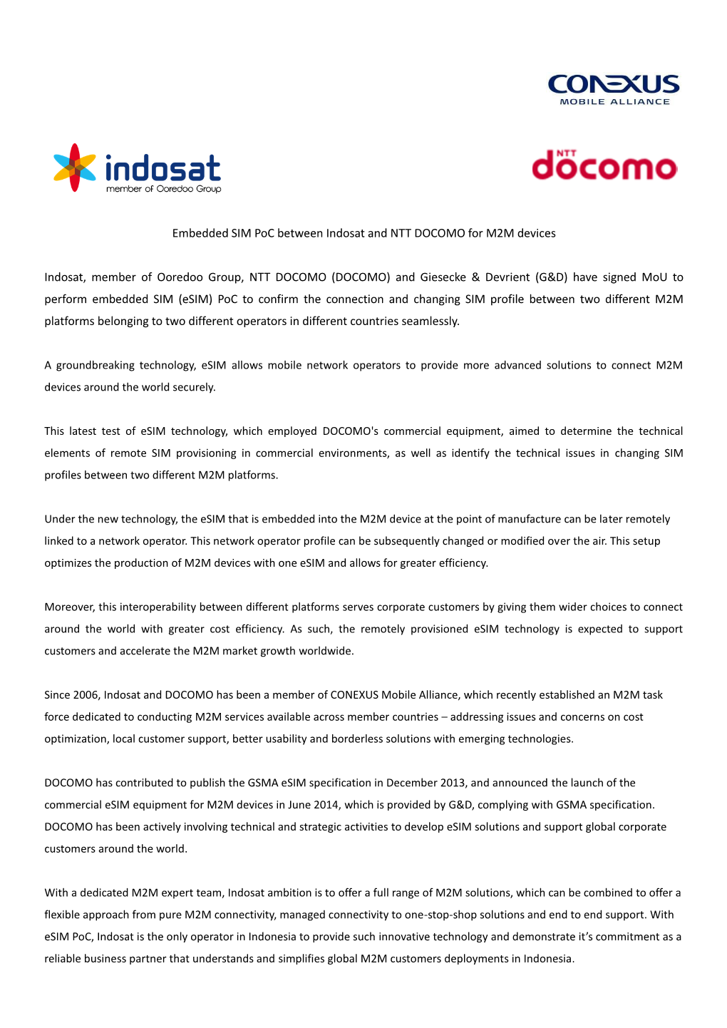 Embedded SIM Poc Between Indosat and NTT DOCOMO for M2M Devices