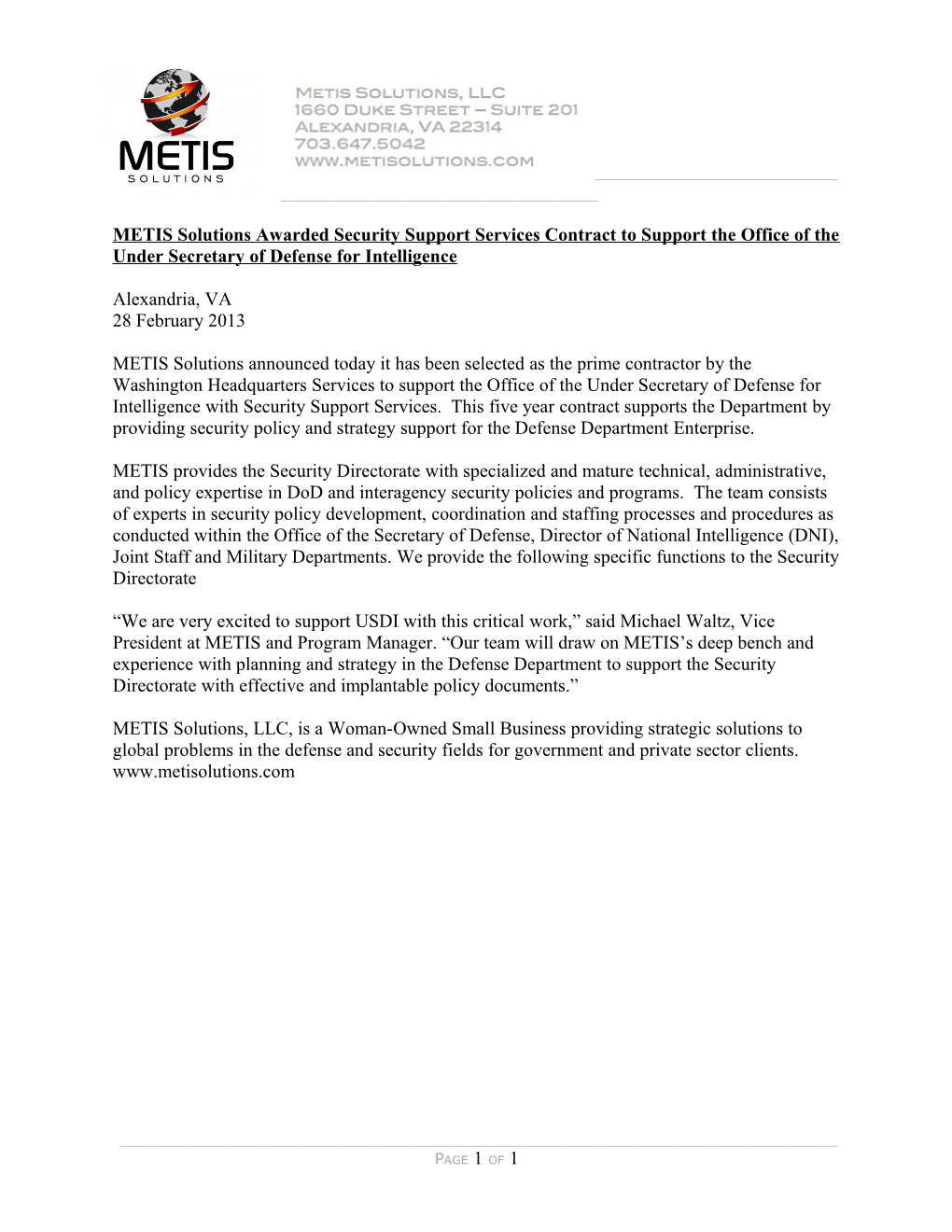 METIS Solutions Awarded Security Support Services Contract to Support the Office of The