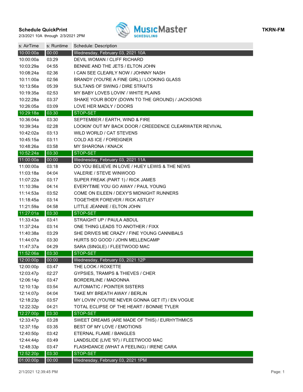 Schedule Quickprint TKRN-FM