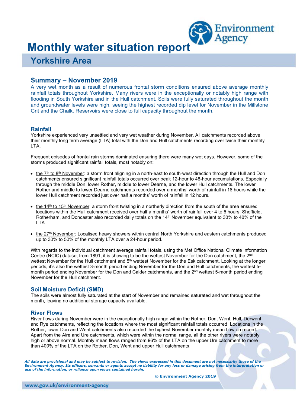 Monthly Water Situation Report Yorkshire Area